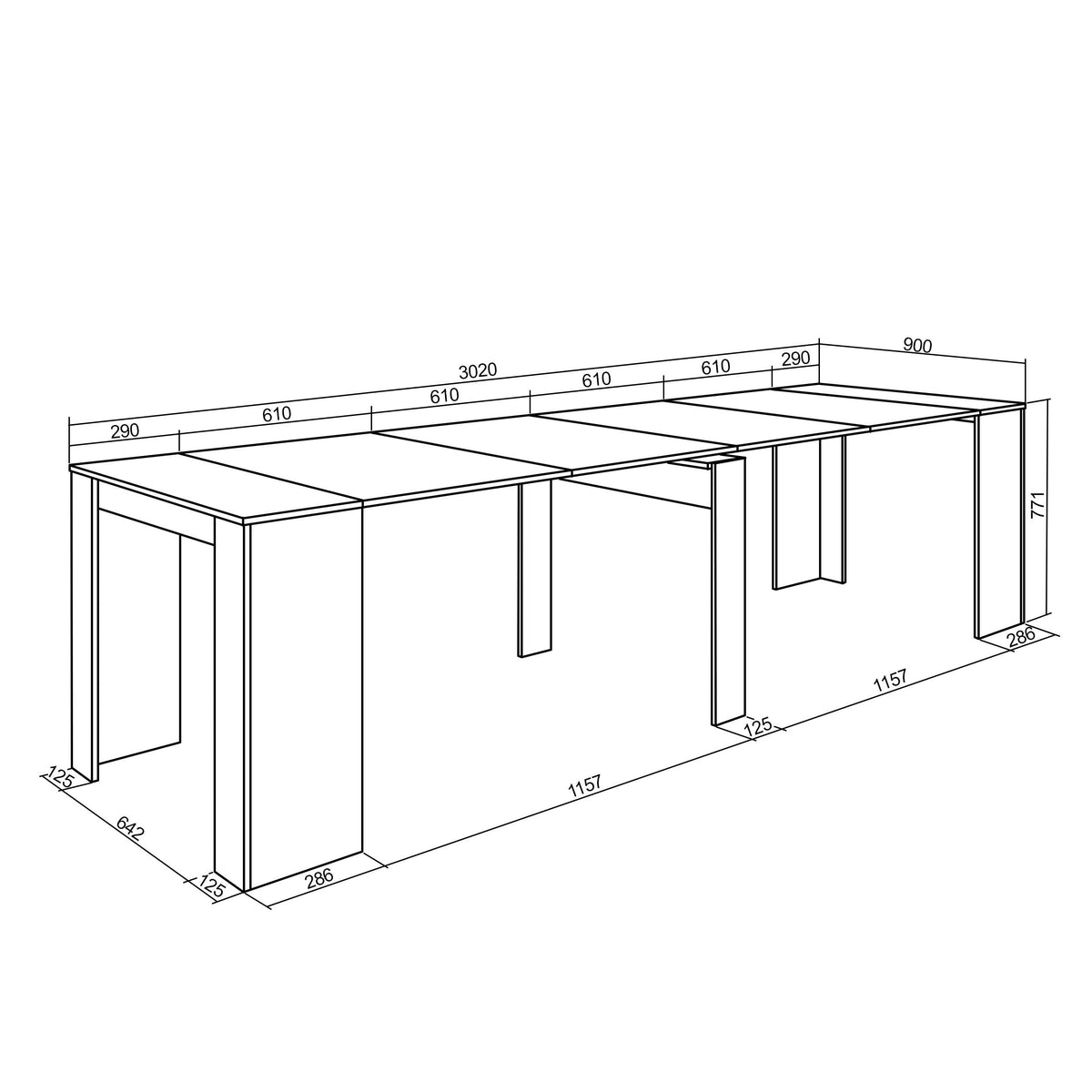 Table console extensible jusqu'à 302 cm - Pour 14 personnes - Chêne