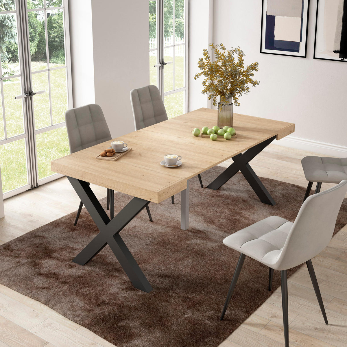 Table console extensible chêne 180 cm – Jusqu’à 8 personnes – Pieds en bois massif noirs en croix
