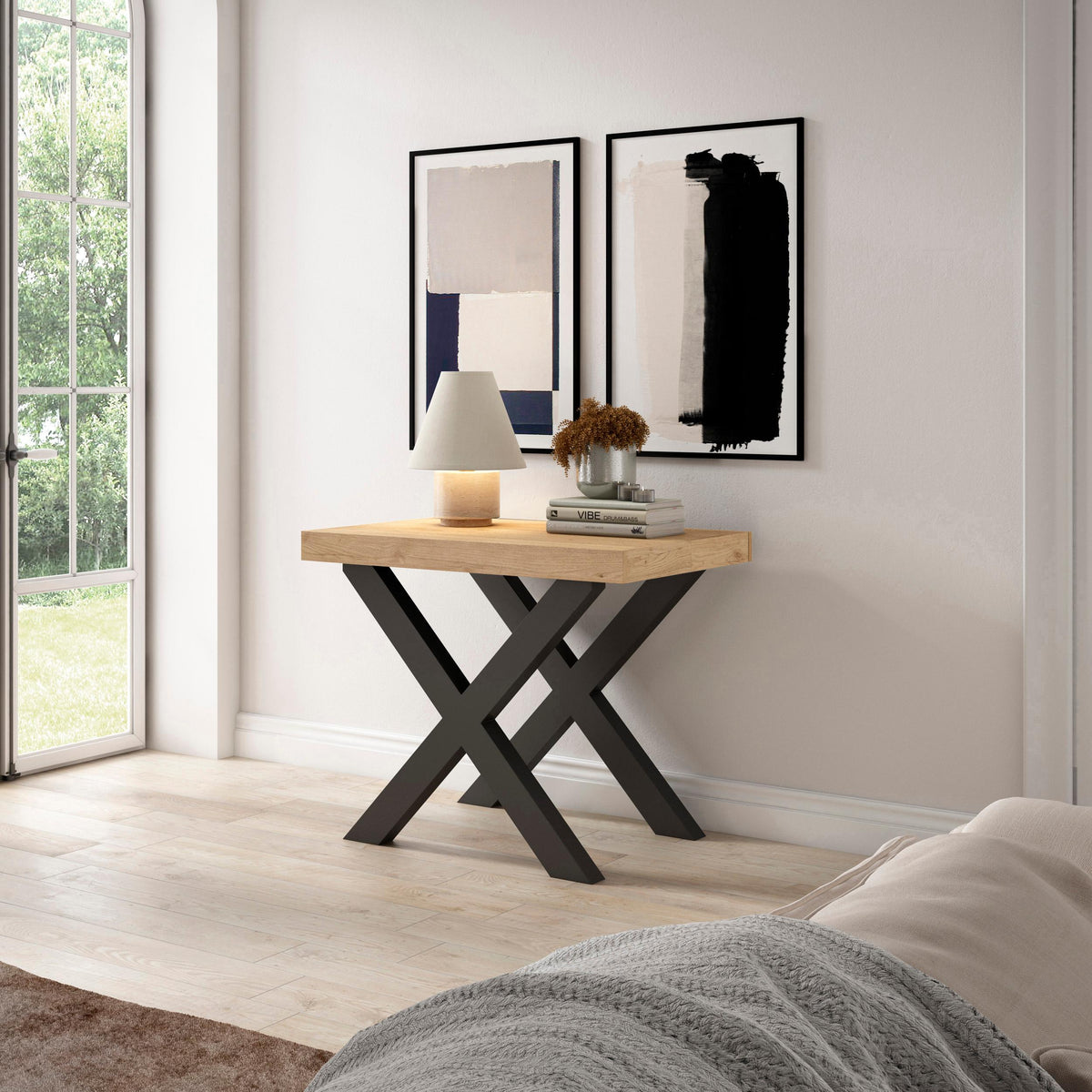 Table console extensible chêne 180 cm – Jusqu’à 8 personnes – Pieds en bois massif noirs en croix