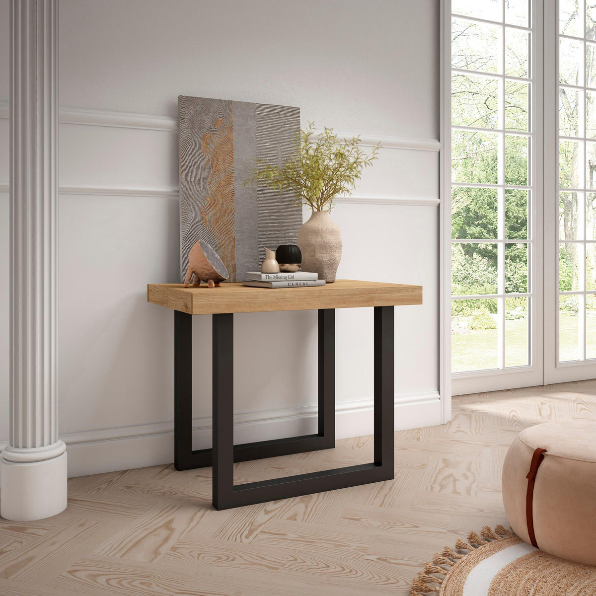 Table console extensible chêne 260 cm – Jusqu’à 12 personnes – Pieds en bois massif noirs en U