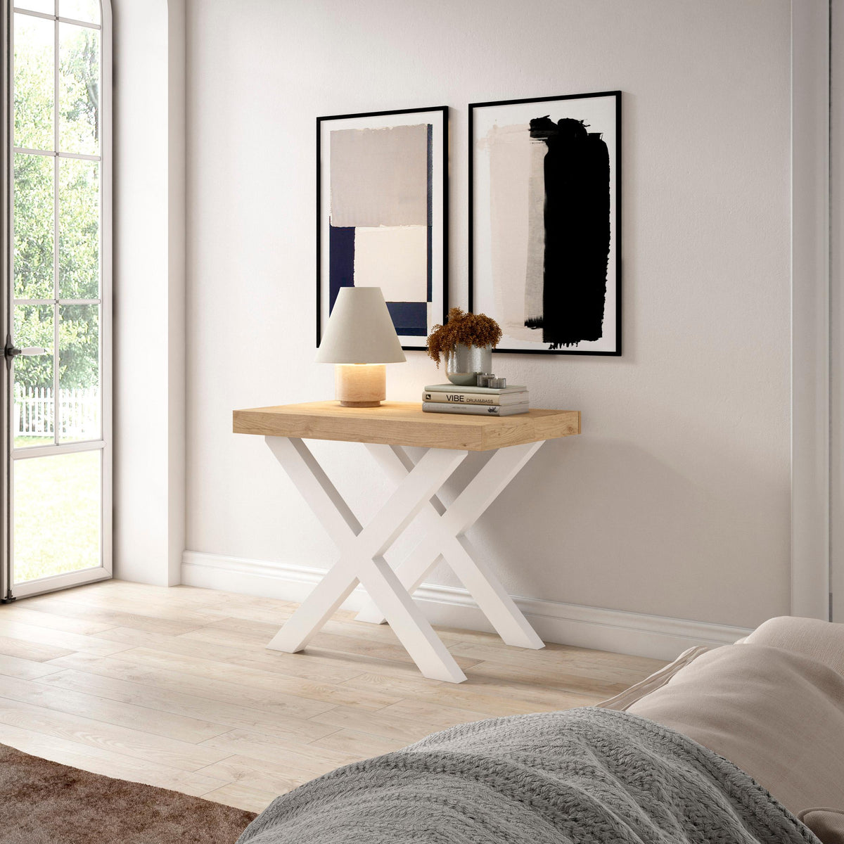 Table console extensible chêne 300 cm – Jusqu’à 14 personnes – Pieds en bois massif blancs en croix