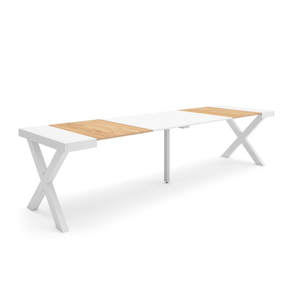 Table console extensible blanche & chêne 300 cm – Jusqu’à 14 personnes – Pieds en bois massif blancs en croix