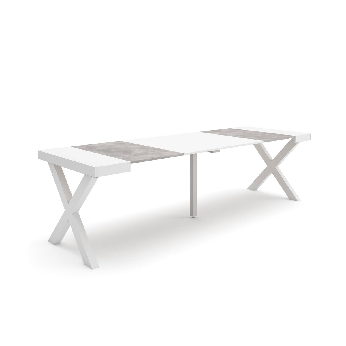 Table console extensible ciment & blanche 260 cm – Jusqu’à 12 personnes – Pieds en bois massif blancs en croix