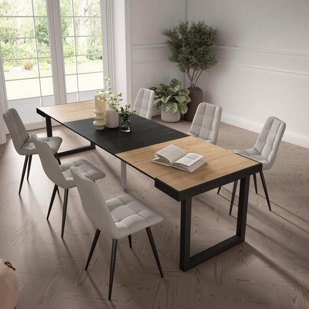 Table console extensible noire & chêne 300 cm – Jusqu’à 14 personnes – Pieds en bois massif noirs en U