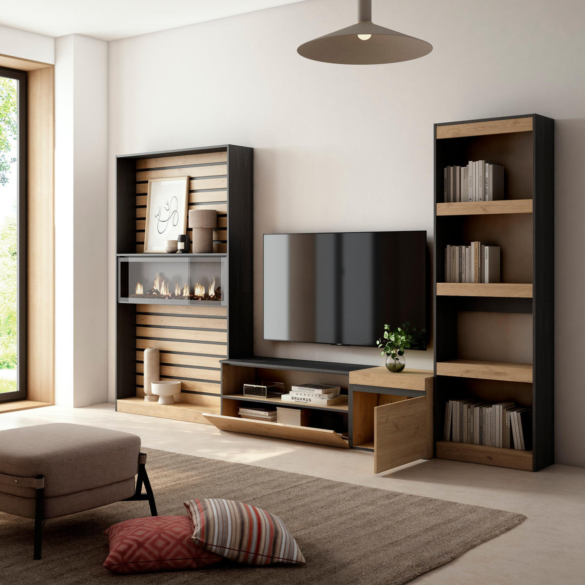 Ensemble Meuble TV - 320x186x35cm - Cheminée électrique - Chêne et noir