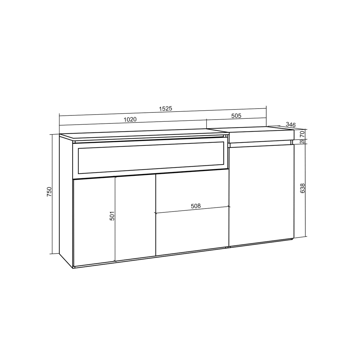 Meuble de rangement 3 portes avec cheminée LED XXL (côté gauche) - 150x75x35cm - Ciment
