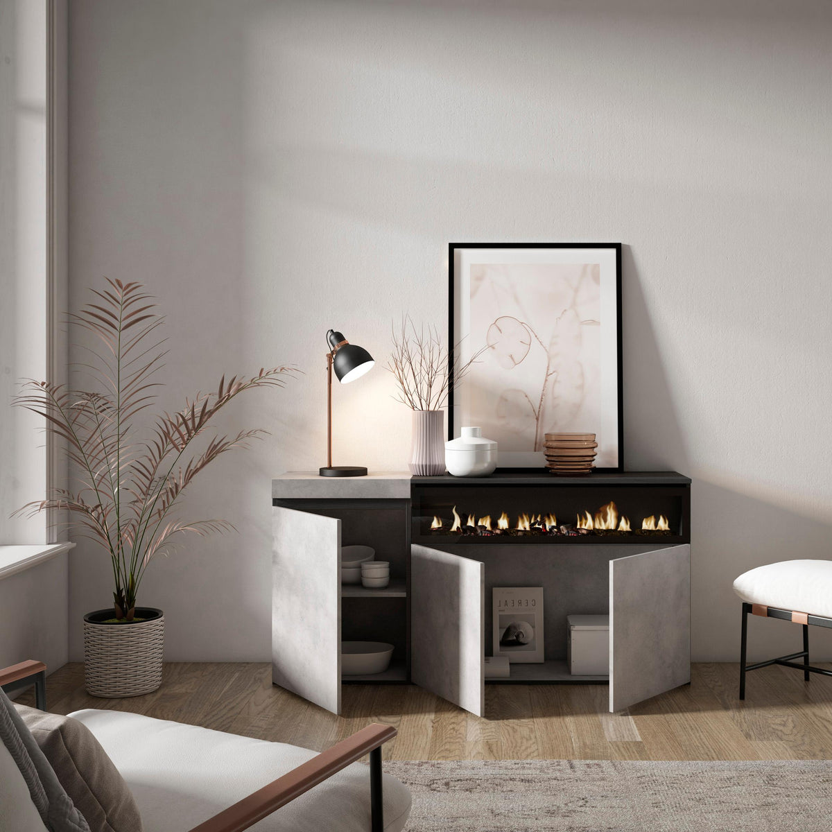 Meuble de rangement 3 portes avec cheminée électrique LED XXL (côté droit) - 150x75x35cm - Ciment