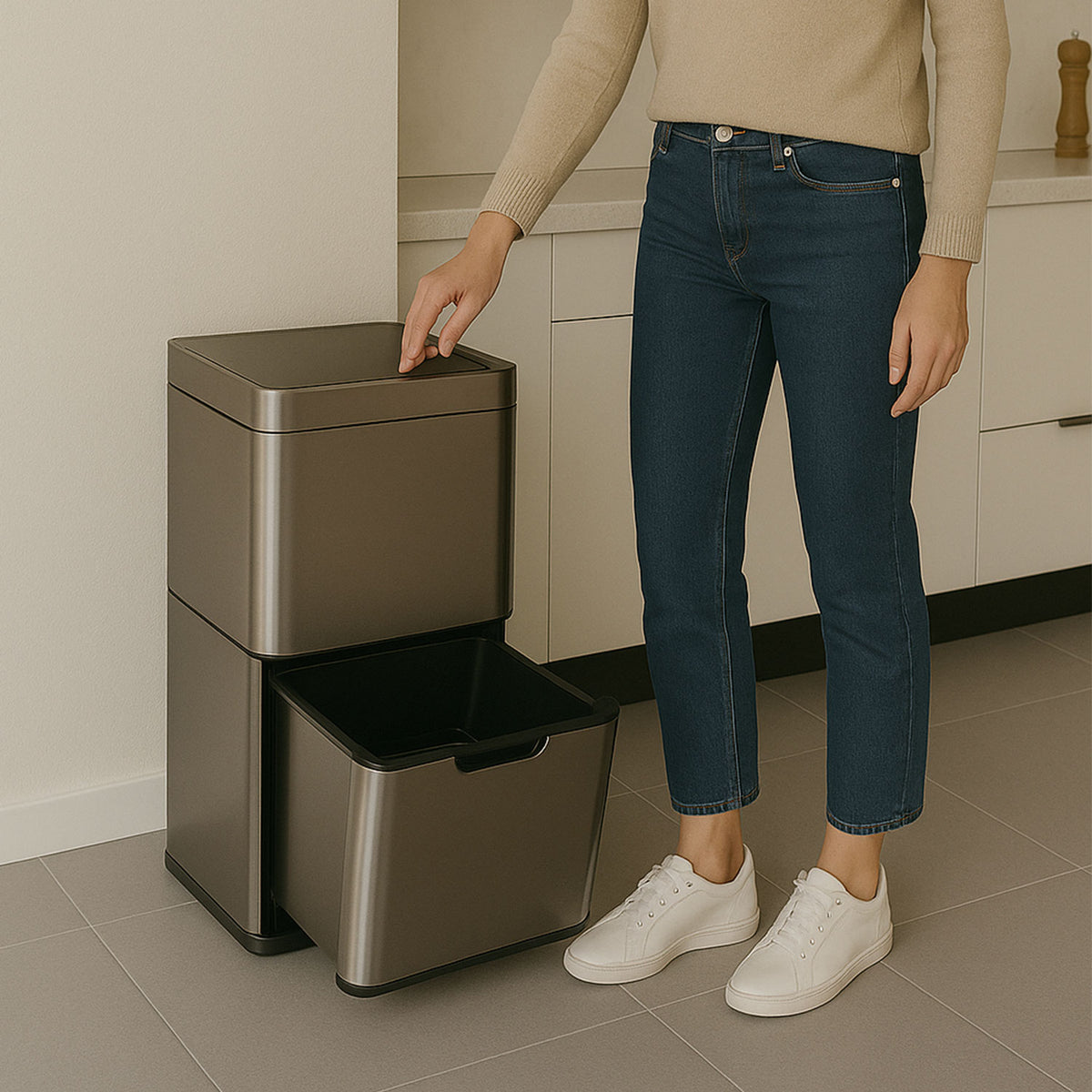 Poubelle de tri sélectif 3 bacs - Détecteur de mouvement - Senzaro 60L - Argent