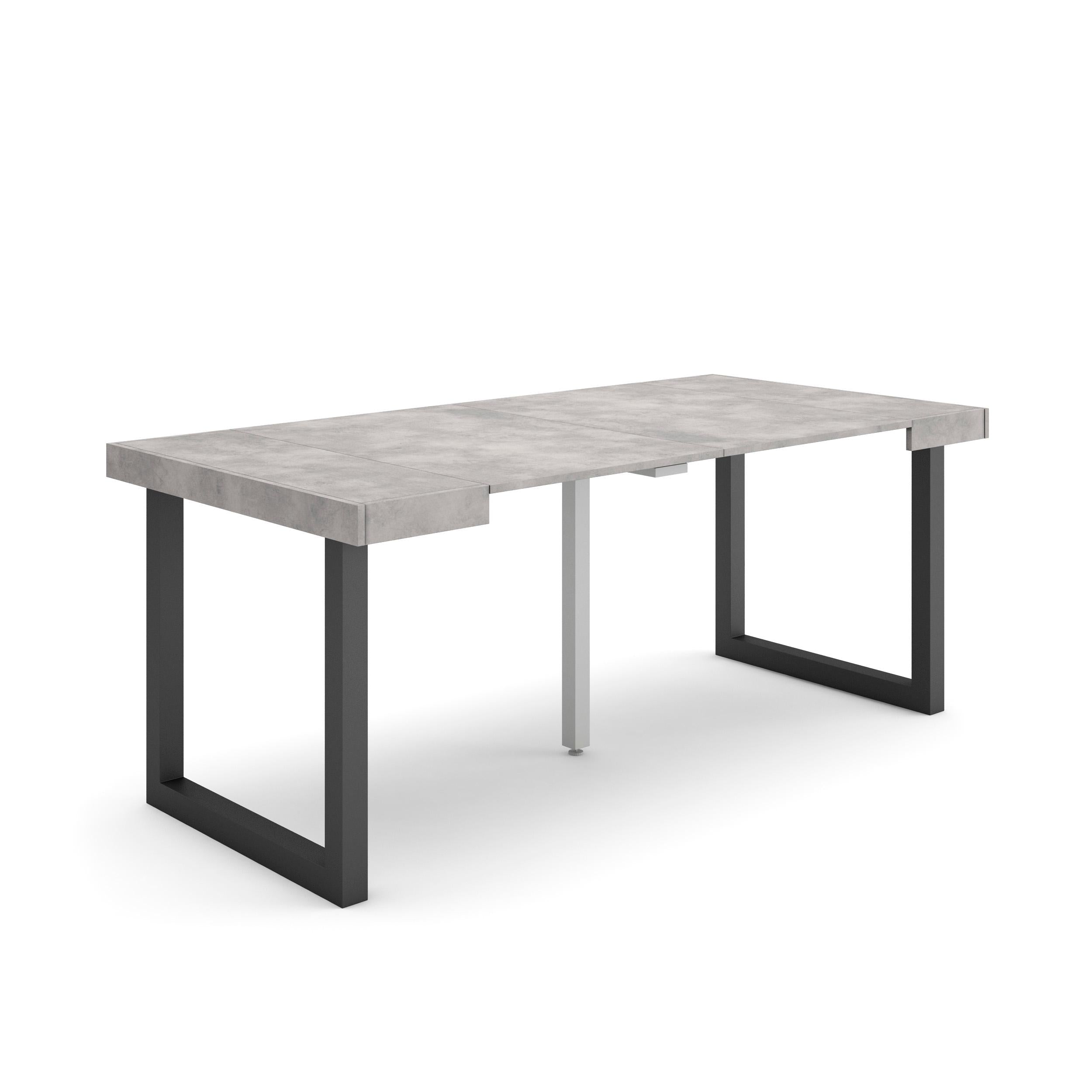 Table console extensible blanche & ciment 180 cm – Jusqu’à 8 personnes – Pieds en bois massif noirs en U