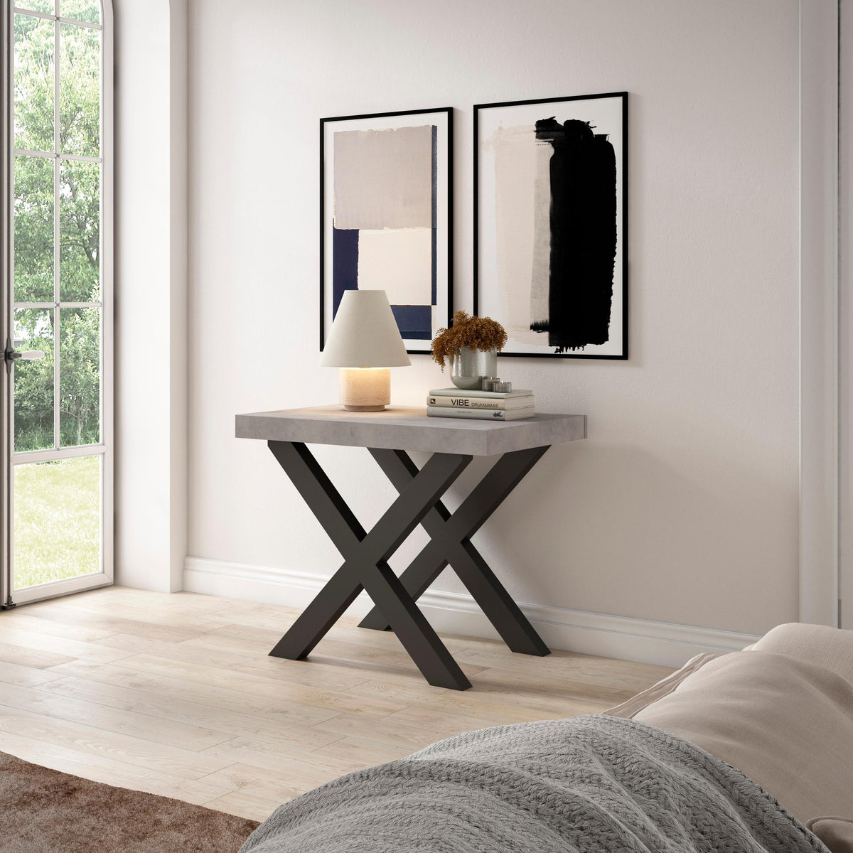 Table console extensible ciment 300 cm – Jusqu’à 14 personnes – Pieds en bois massif noirs en croix