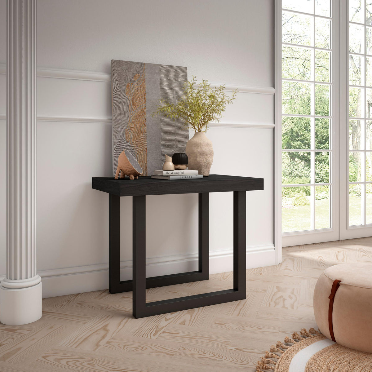 Table console extensible noire 300 cm – Jusqu’à 14 personnes – Pieds en bois massif noirs en U