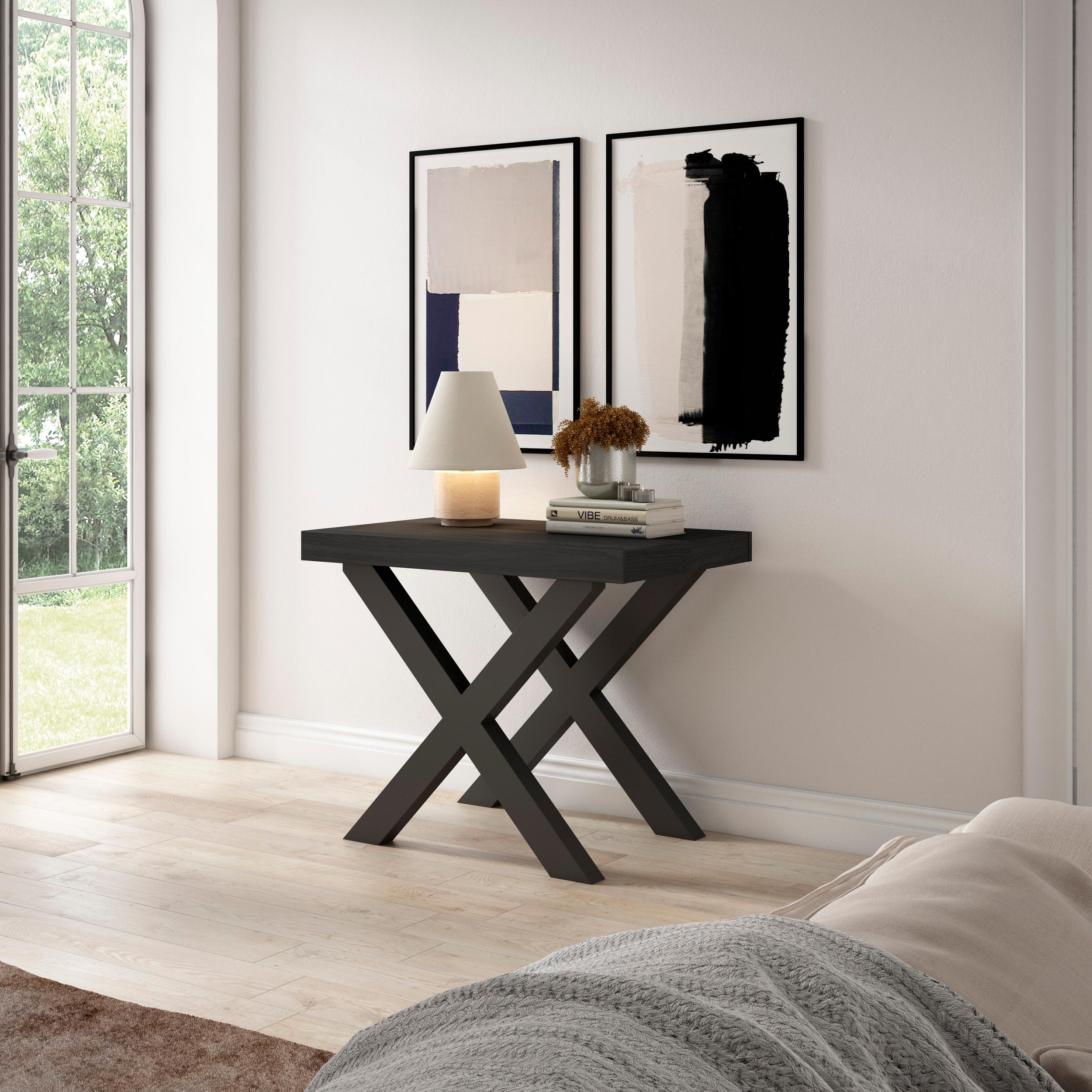 Table console extensible noire 300 cm – Jusqu’à 14 personnes – Pieds en bois massif noirs en croix