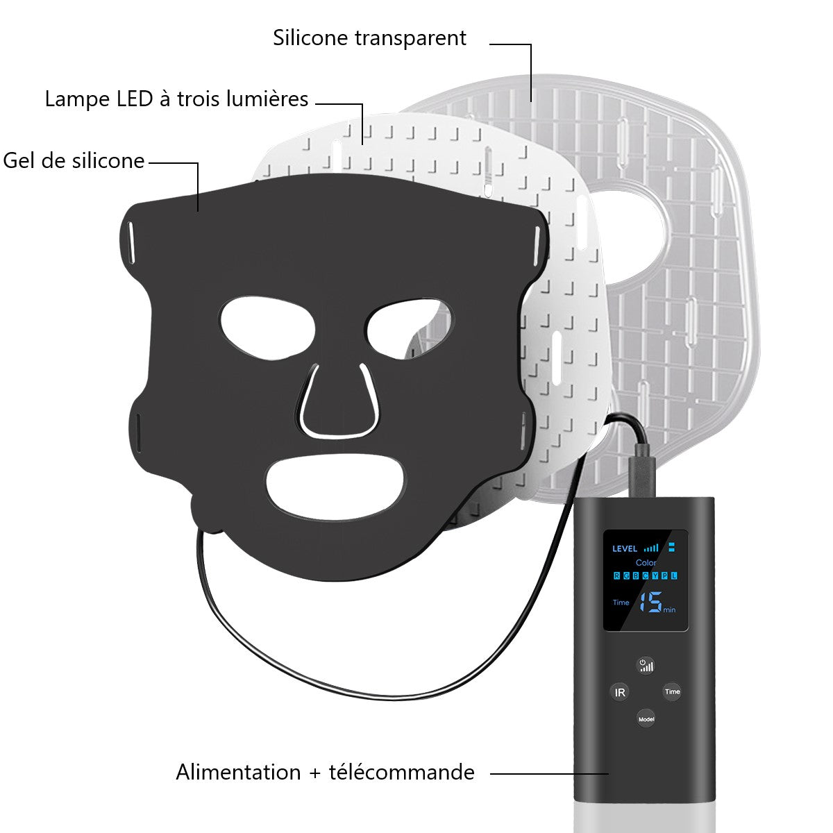 Masque LED visage 7 couleurs avec télécommande