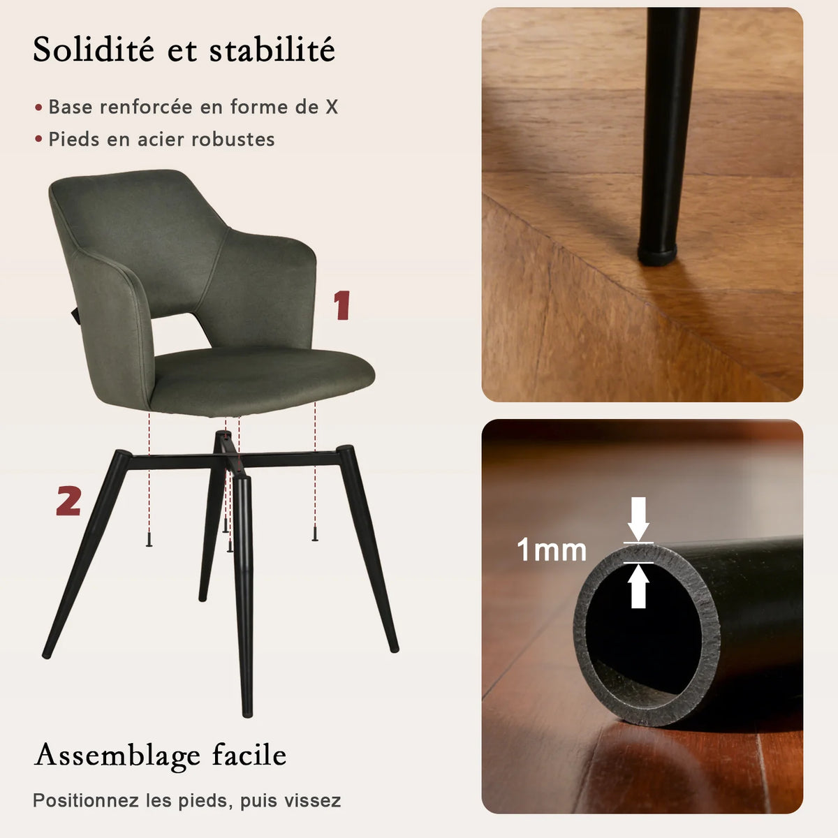 Bari & Akanji - Ensemble repas : table extensible noire 4 à 6 personnes et 4 fauteuils scandinaves en tissu vert