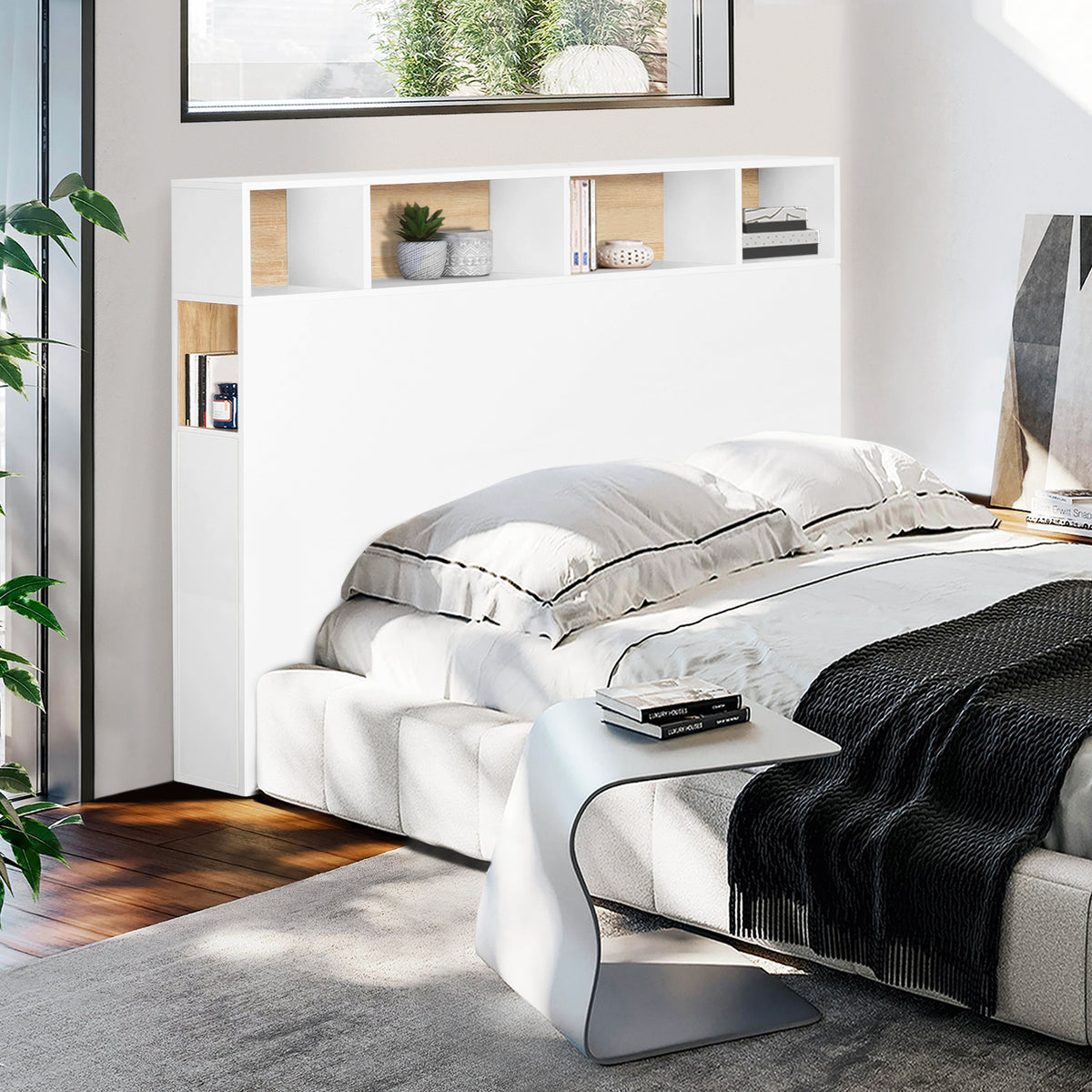Tête de lit blanche et bois avec rangements 145cm