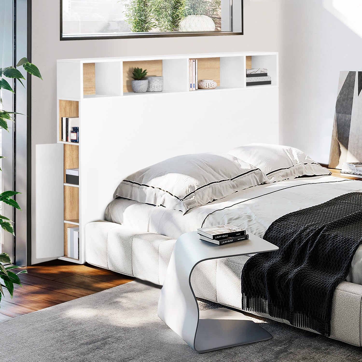 Tête de lit blanche et bois avec rangements 145cm