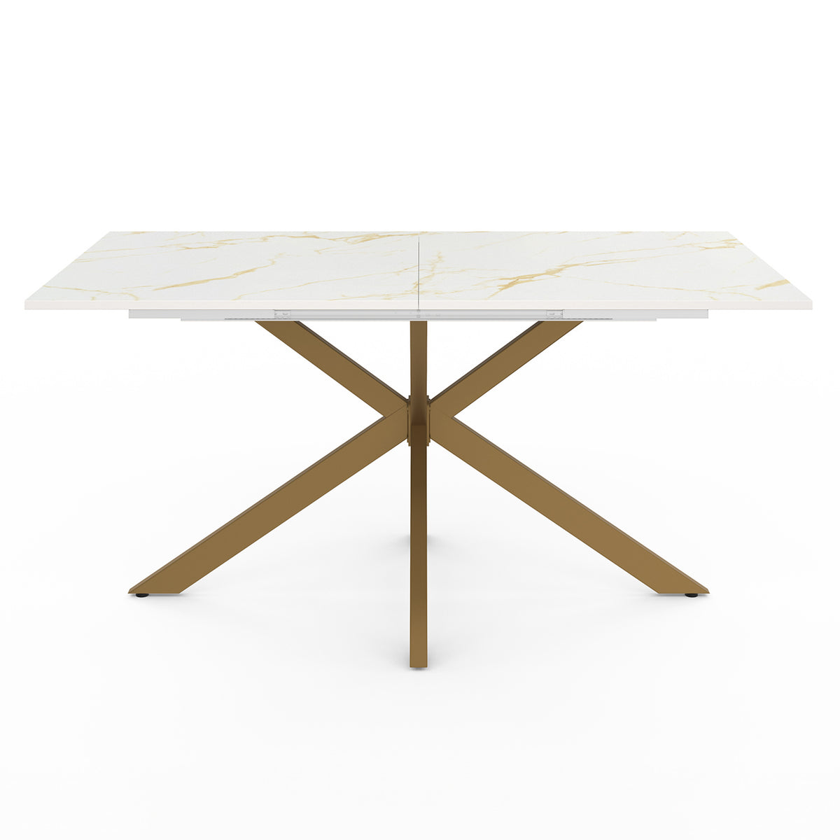 Table repas Glam plateau extensible 160-200cm effet marbre blanc et pieds croisés dorés