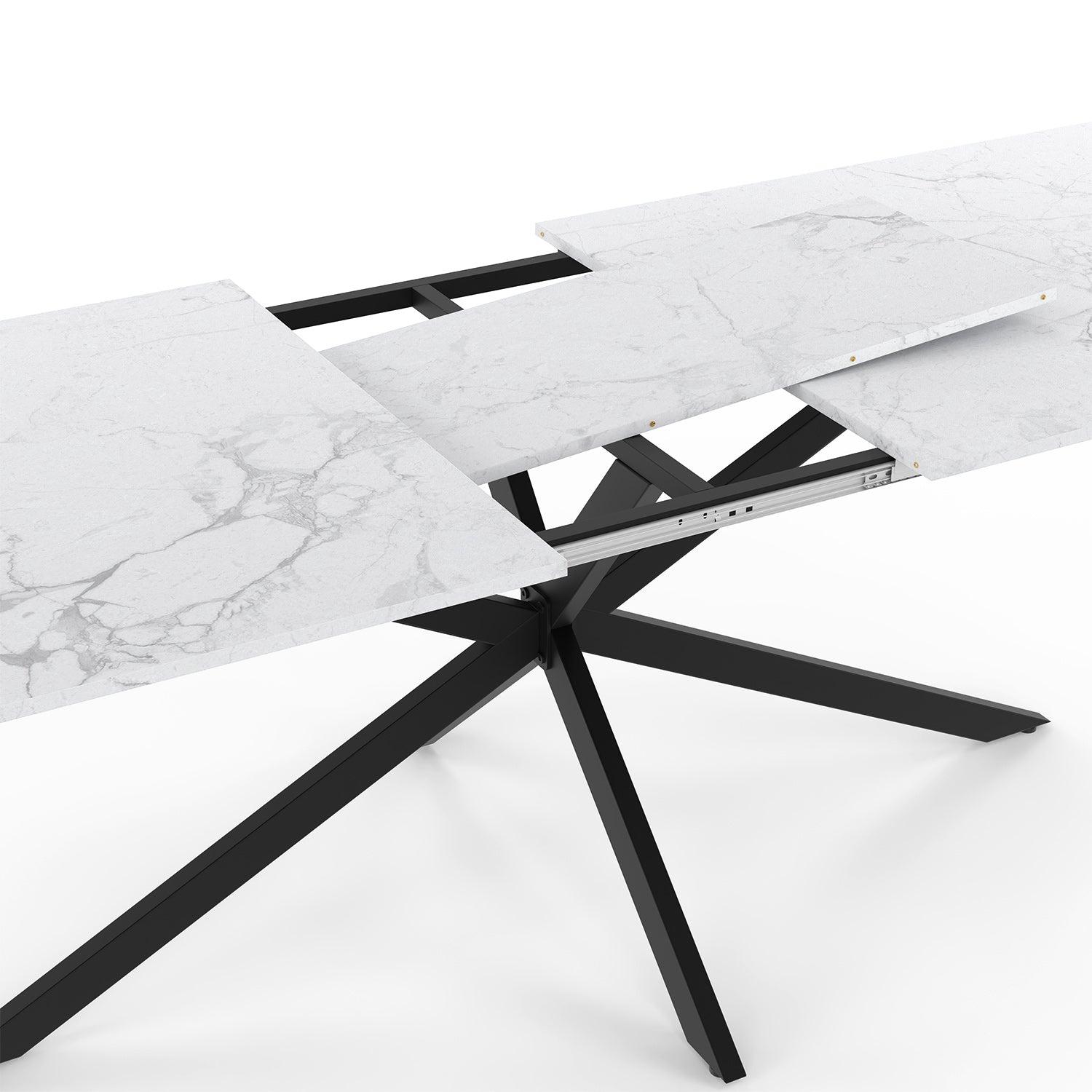 Table repas Glam plateau extensible  200-240cm effet marbre blanc et pieds croisés noirs