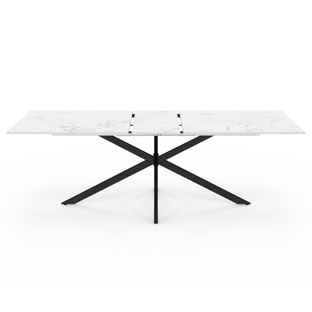 Table repas Glam plateau extensible  200-240cm effet marbre blanc et pieds croisés noirs