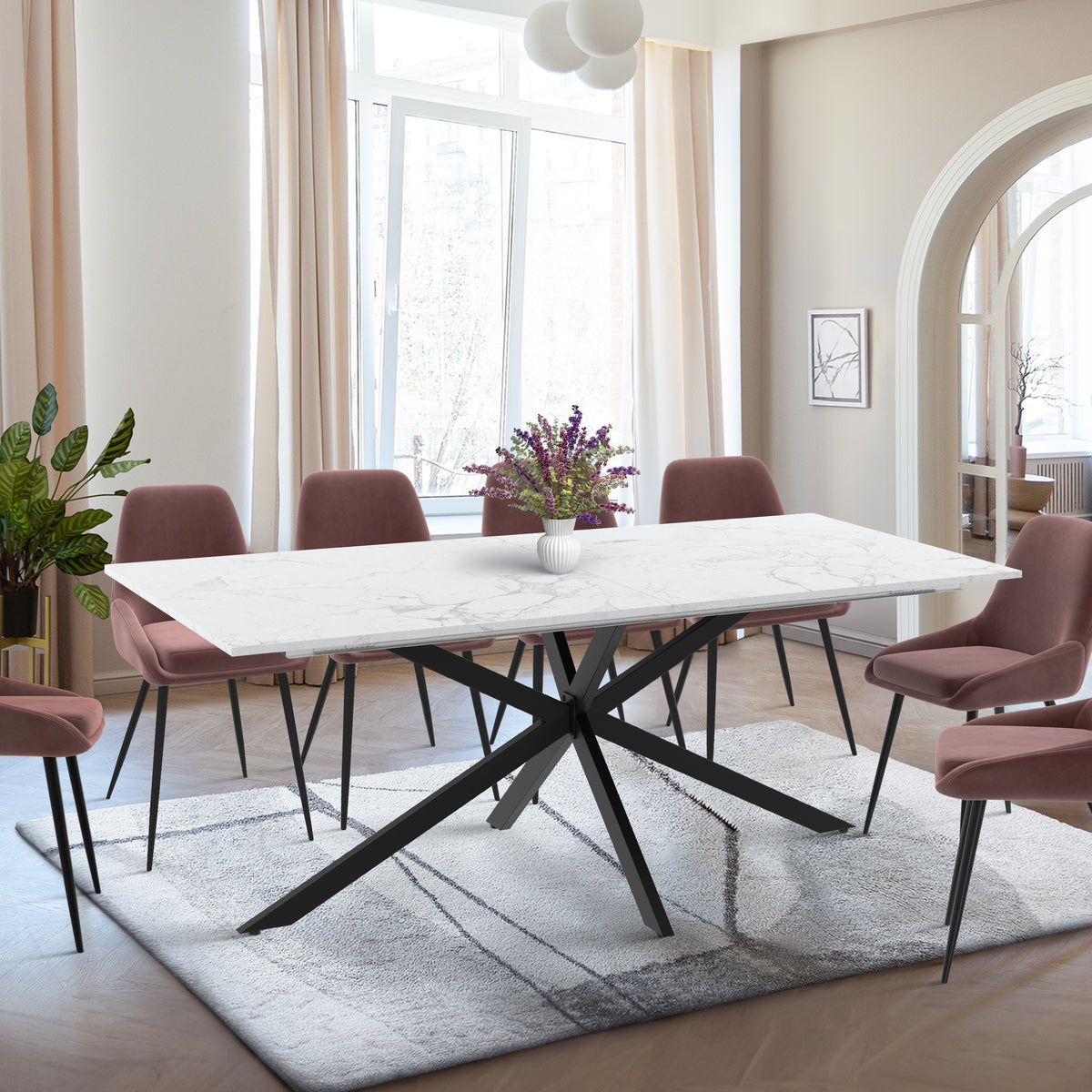 Table repas Glam plateau extensible  200-240cm effet marbre blanc et pieds croisés noirs