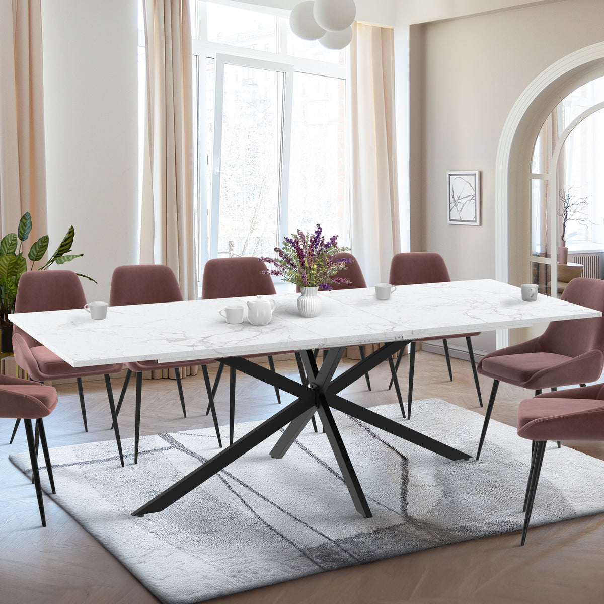 Table repas Glam plateau extensible  200-240cm effet marbre blanc et pieds croisés noirs