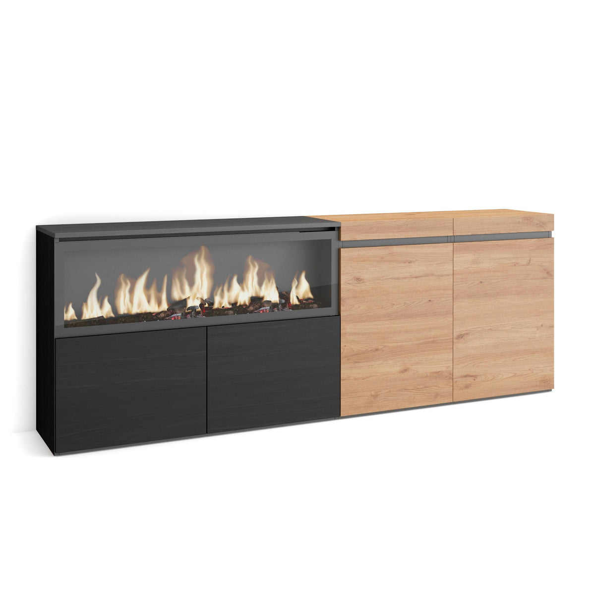 Meuble Buffet Moderne 4 Portes avec Cheminée LED XXL (côté gauche) – 208x75x35 cm – Chêne & Noir