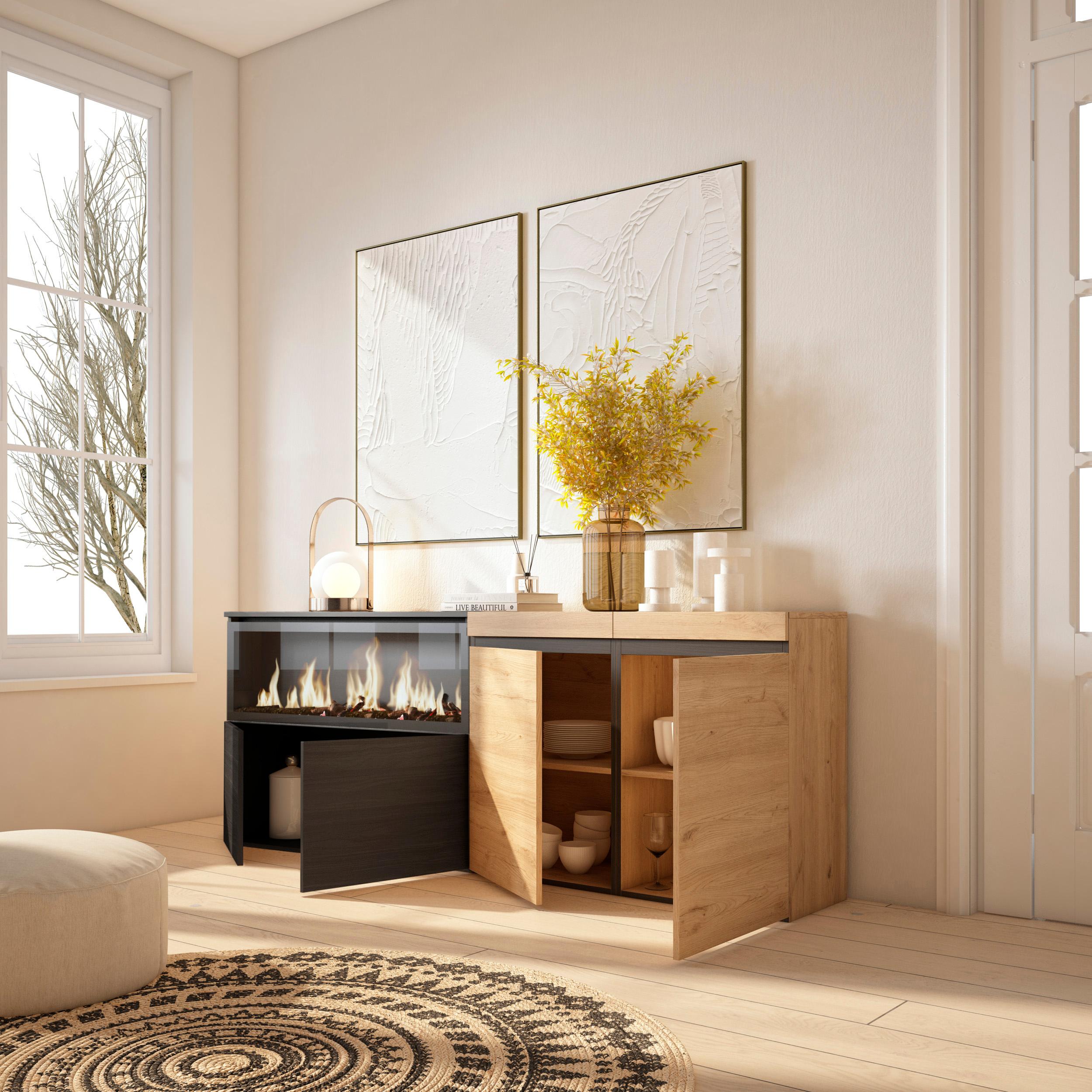 Meuble Buffet Moderne 4 Portes avec Cheminée LED XXL (centrale) – 208x75x35 cm – Chêne & Noir