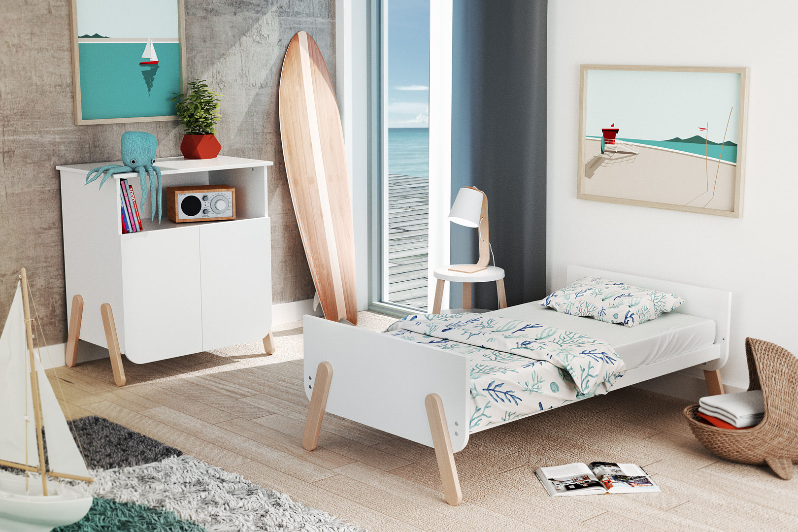 Lit bébé évolutif en bois PIRATE Blanc et Hêtre Verni 70 x 140 cm