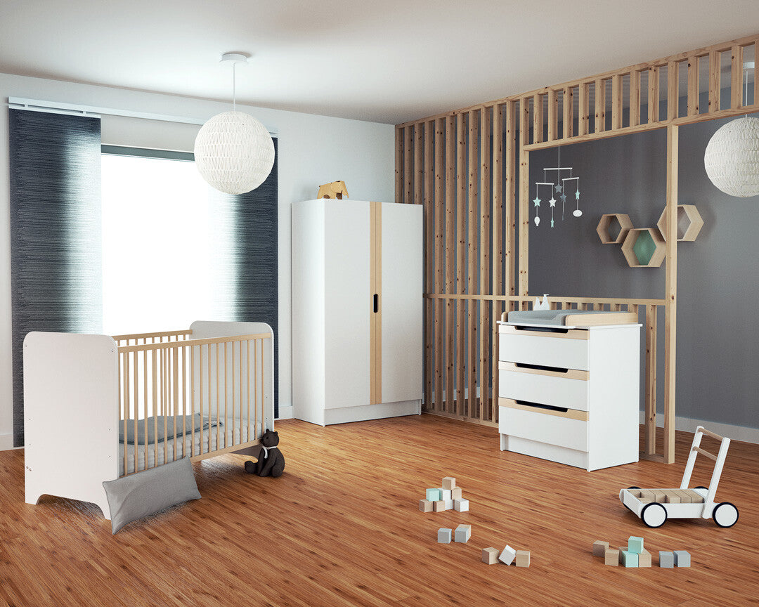 Commode à langer 3 tiroirs en bois CARROUSEL Blanc et Hêtre Verni