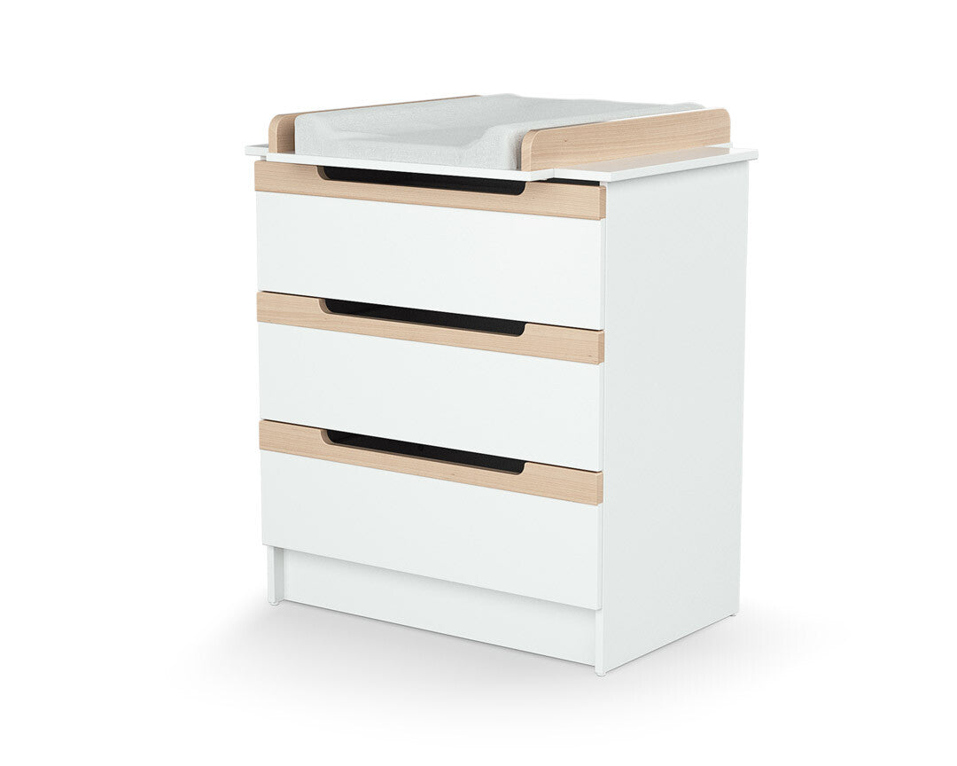 Commode à langer 3 tiroirs en bois CARROUSEL Blanc et Hêtre Verni