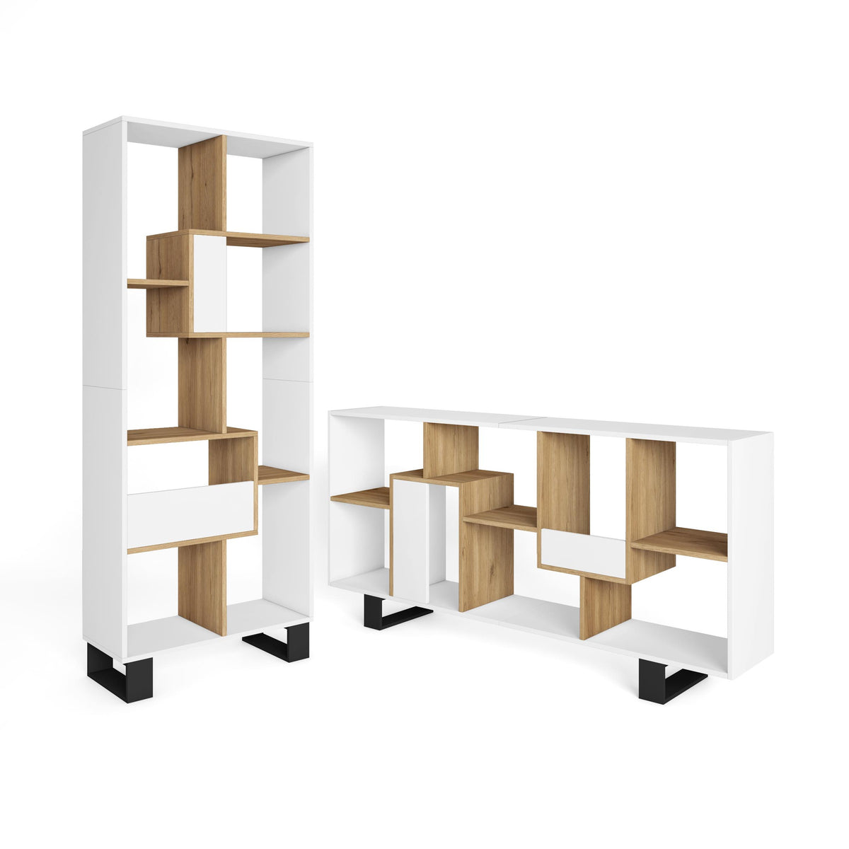 Étagère bibliothèque 174x67x31cm, horizontal ou vertical  Design industriel Blanc et Chêne