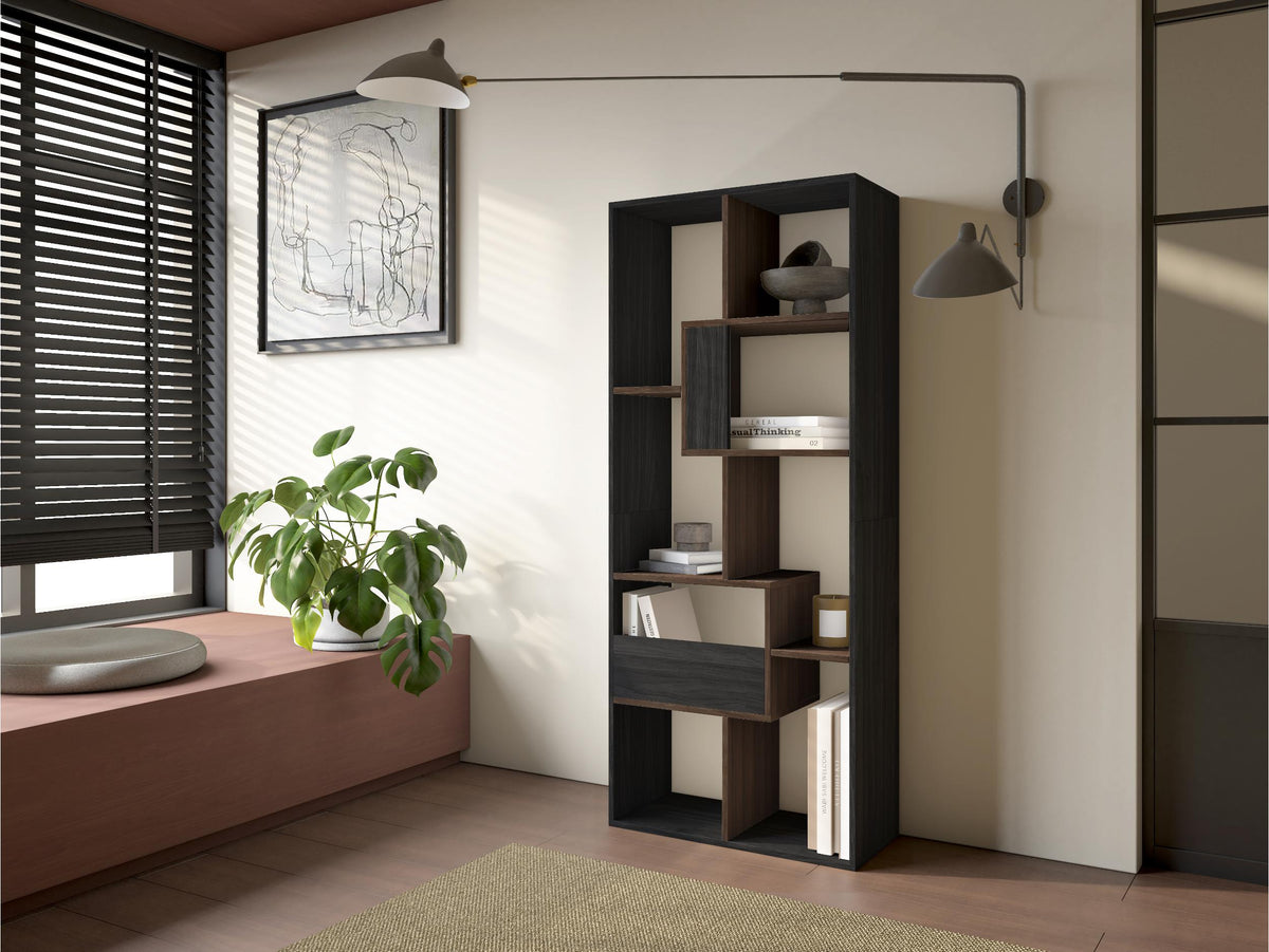 Étagère bibliothèque 162x67x31cm, horizontal ou vertical noir et Chêne foncé
