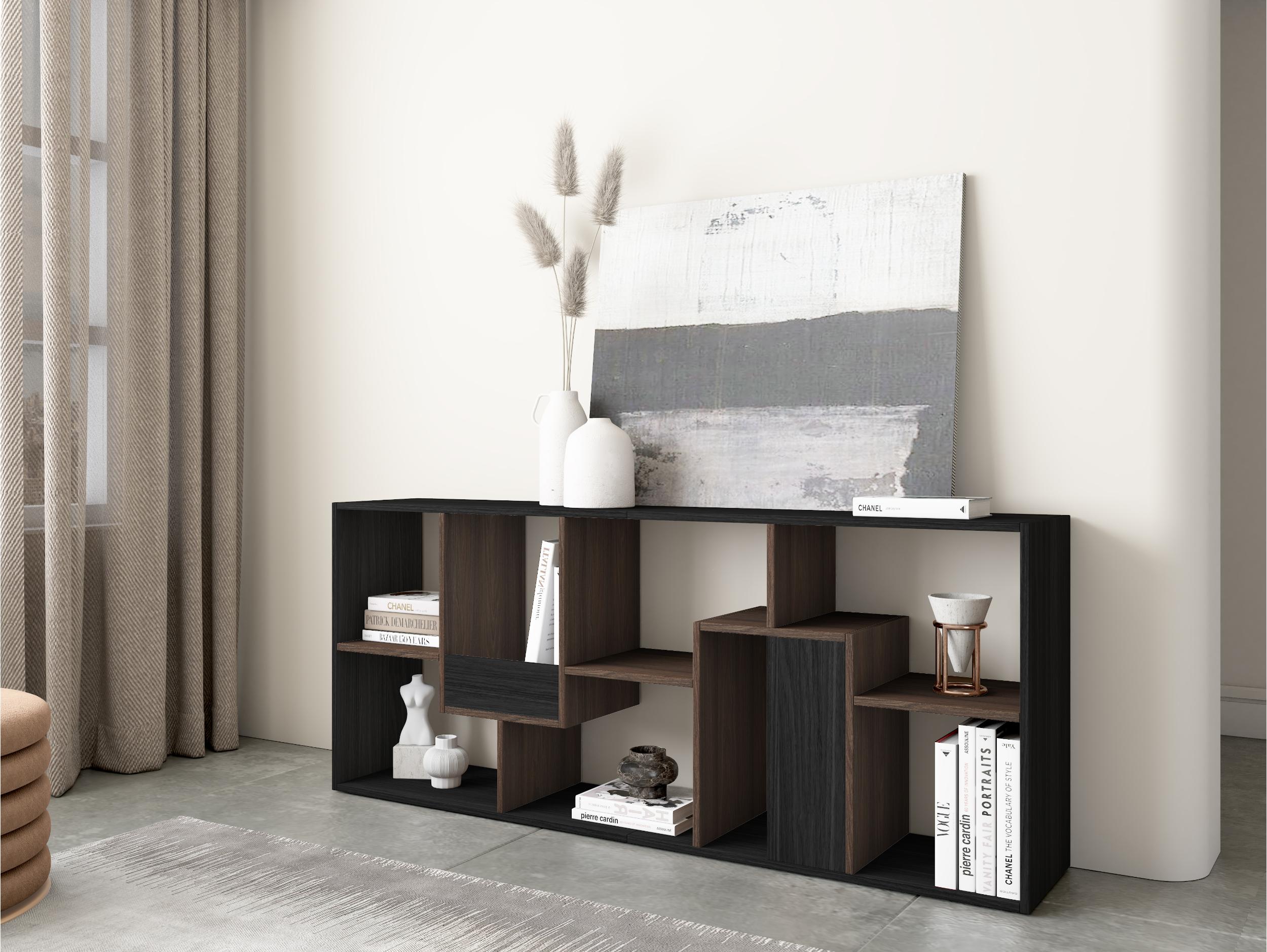 Étagère bibliothèque 162x67x31cm, horizontal ou vertical noir et Chêne foncé
