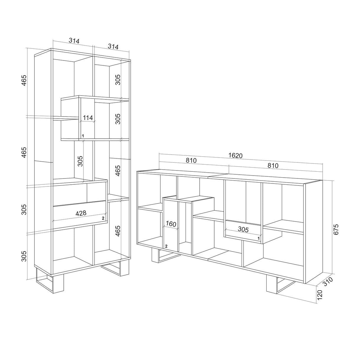 Étagère bibliothèque 174x67x31cm, horizontal ou vertical  Design industriel Blanc et Chêne