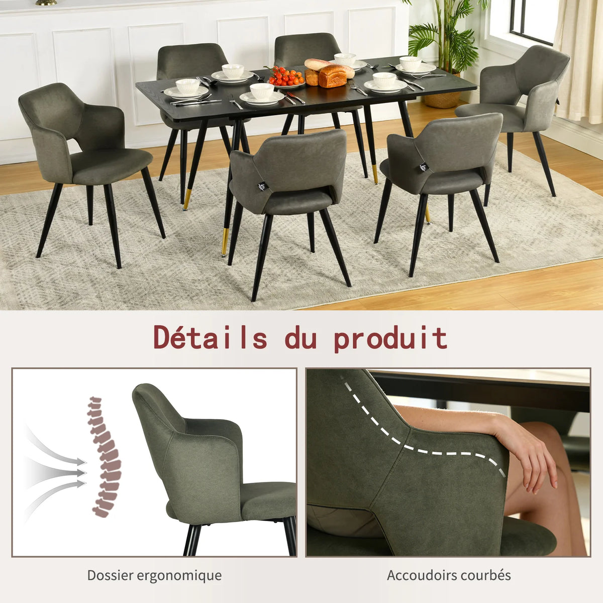 Bari & Akanji - Ensemble repas : table extensible noire 4 à 6 personnes et 4 fauteuils scandinaves en tissu vert