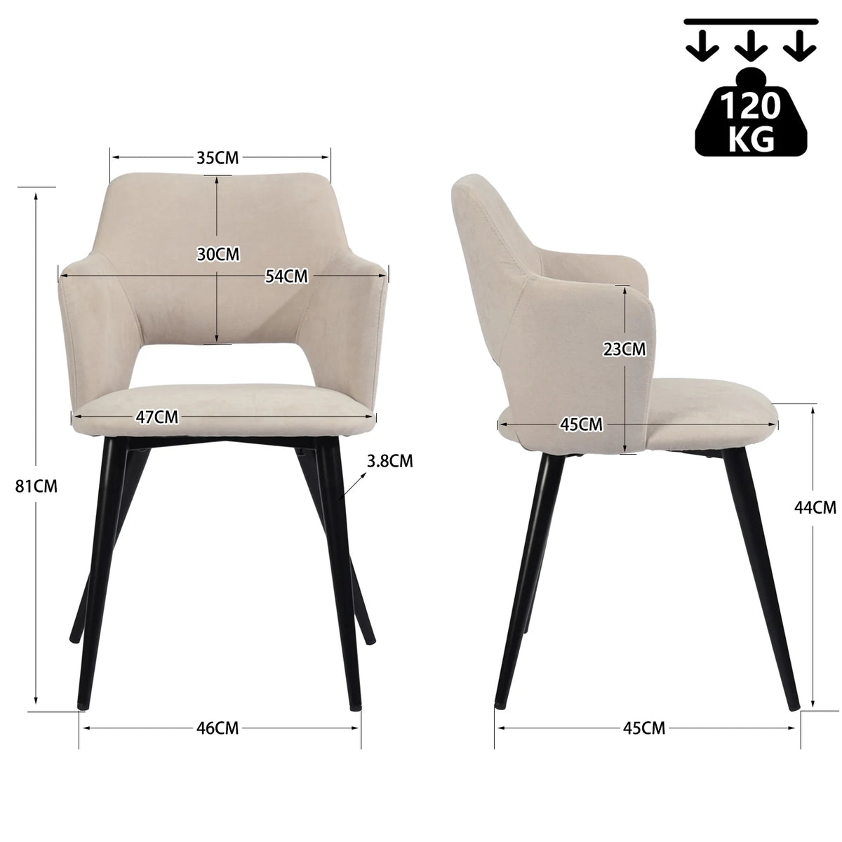 Bari & Akanji - Ensemble repas : table extensible noire 4 à 6 personnes et 4 fauteuils scandinaves en tissu beige