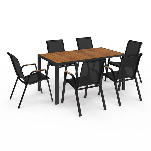 Ensemble repas Timbia 6 places noir et verre trempé effet bois