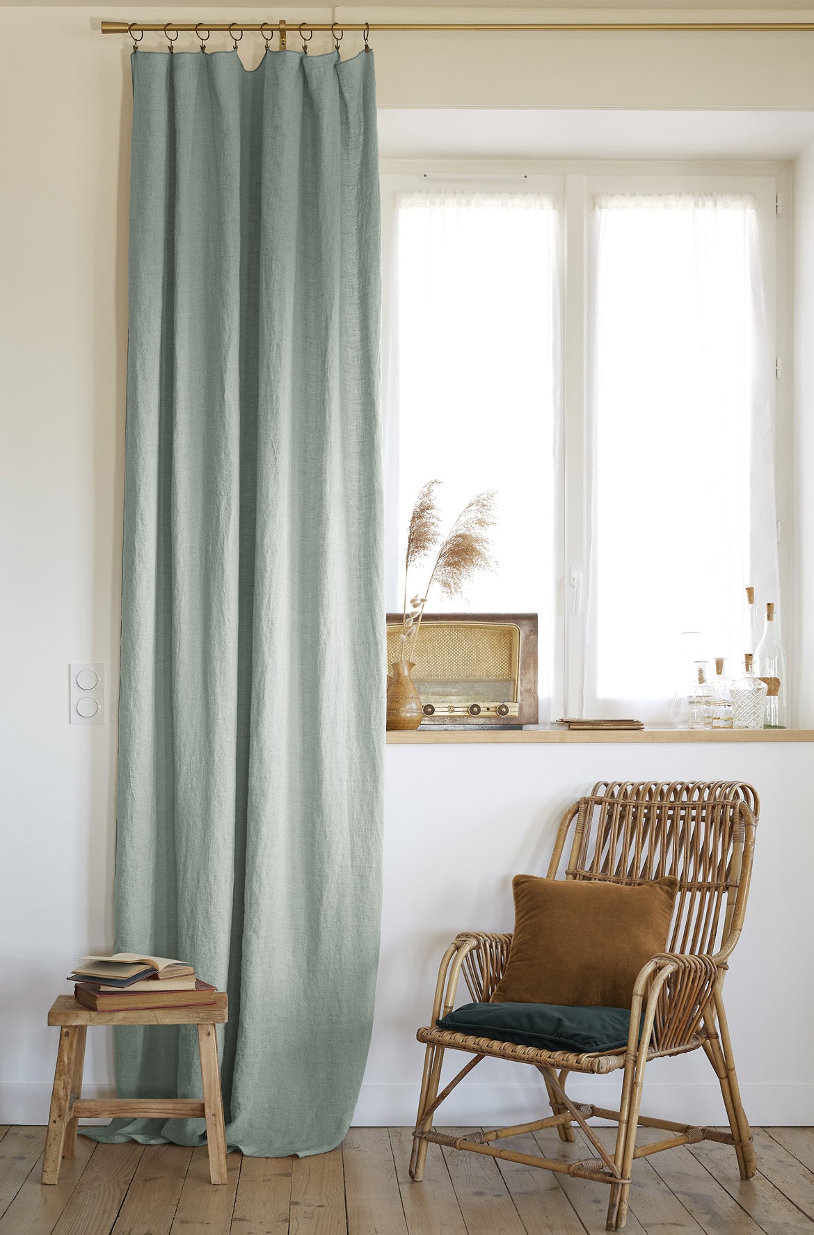 Rideau ajustable + 8 anneaux pince 140 x 270 cm Lin lavé SOLINE Eucalyptus
