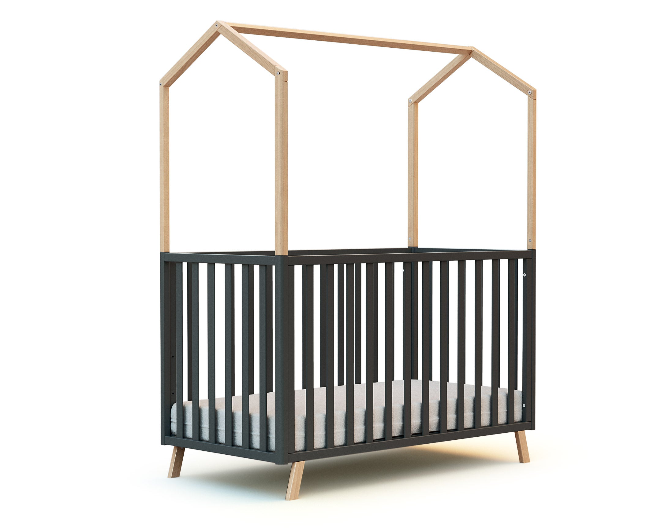 Lit cabane bébé évolutif Hêtre Verni et Gris Graphite 60 x 120 cm