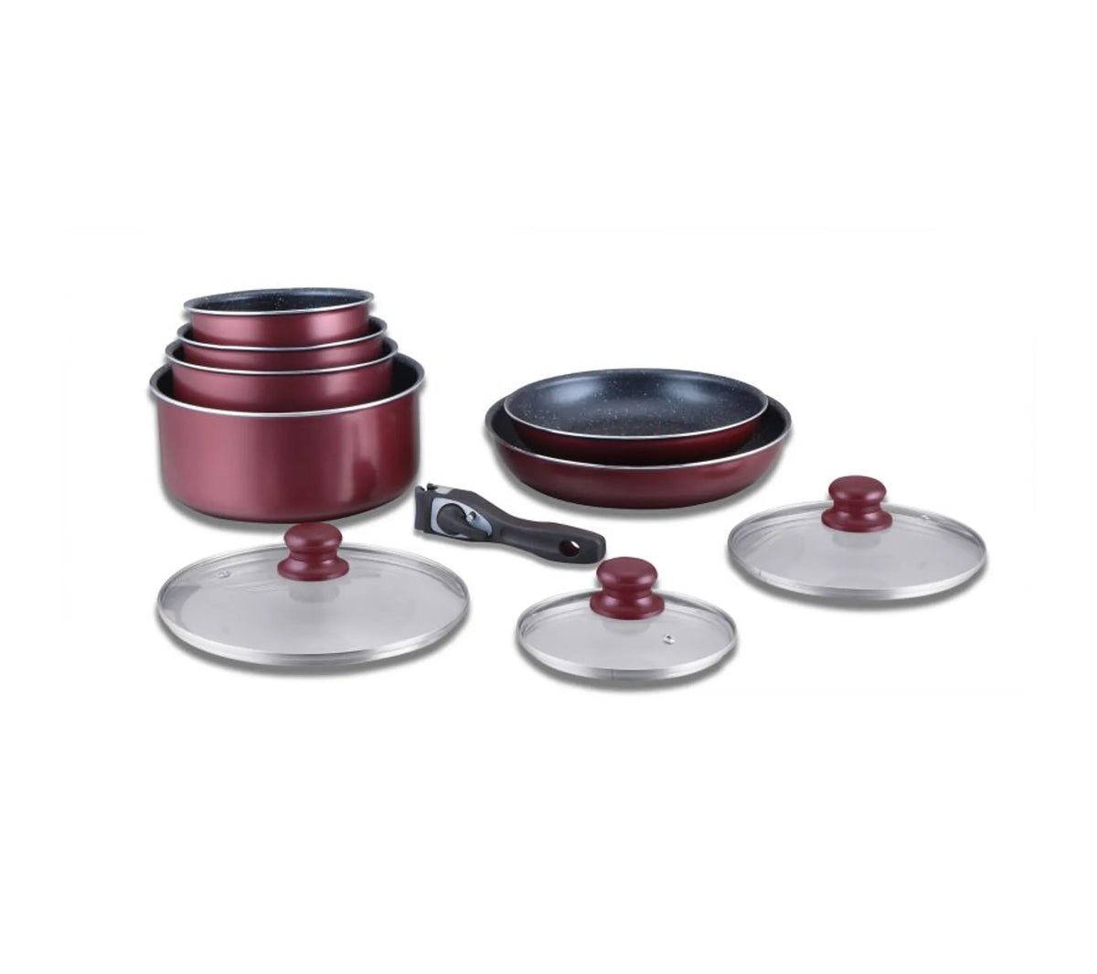 Batterie de cuisine revêtement pierre avec manche amovible 10 pièces Herzberg - Bordeaux