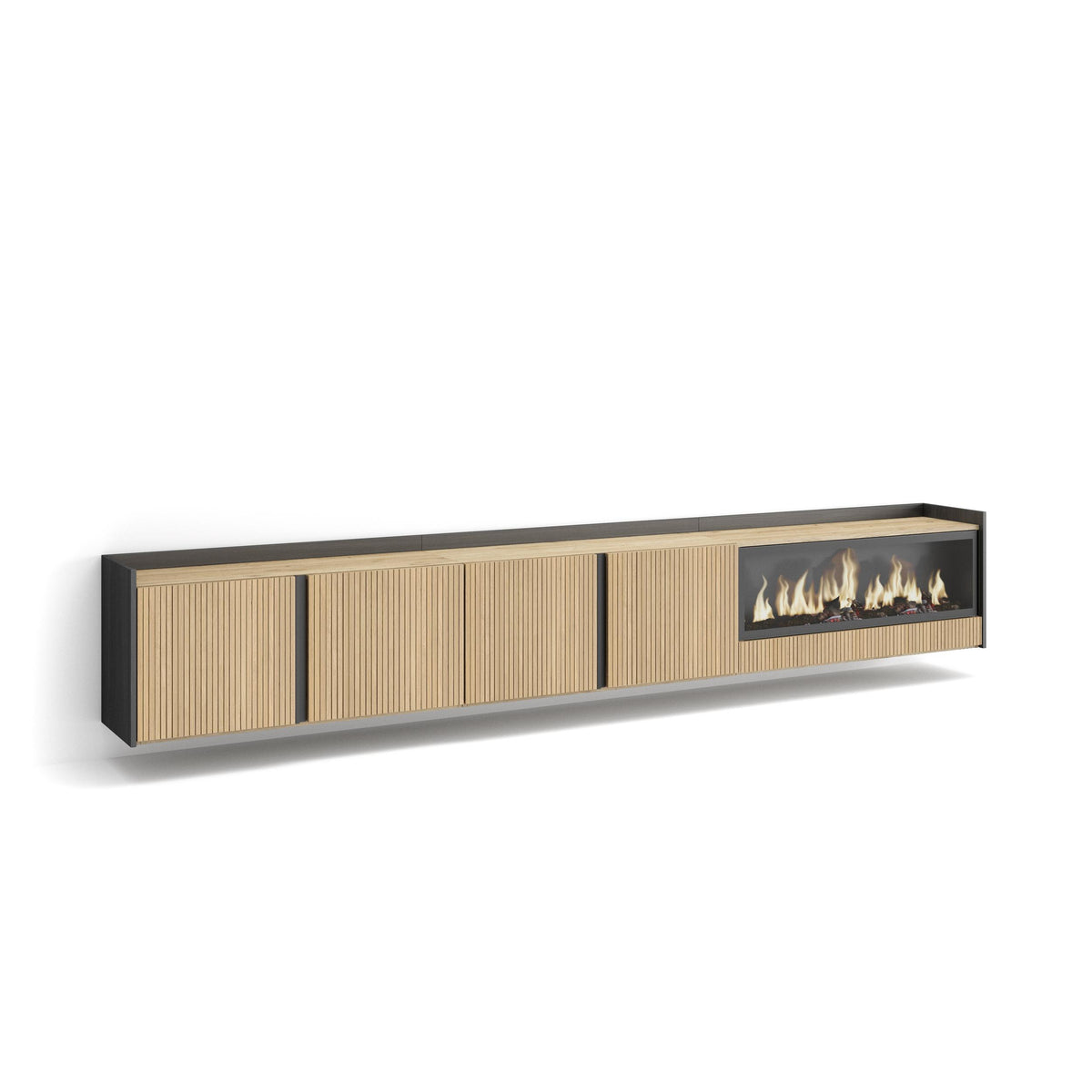 Meuble TV Suspendu 315x50x35 cm Pour les TV jusqu'à 80" Cheminée électrique à droite XXL Mural Chêne et noir