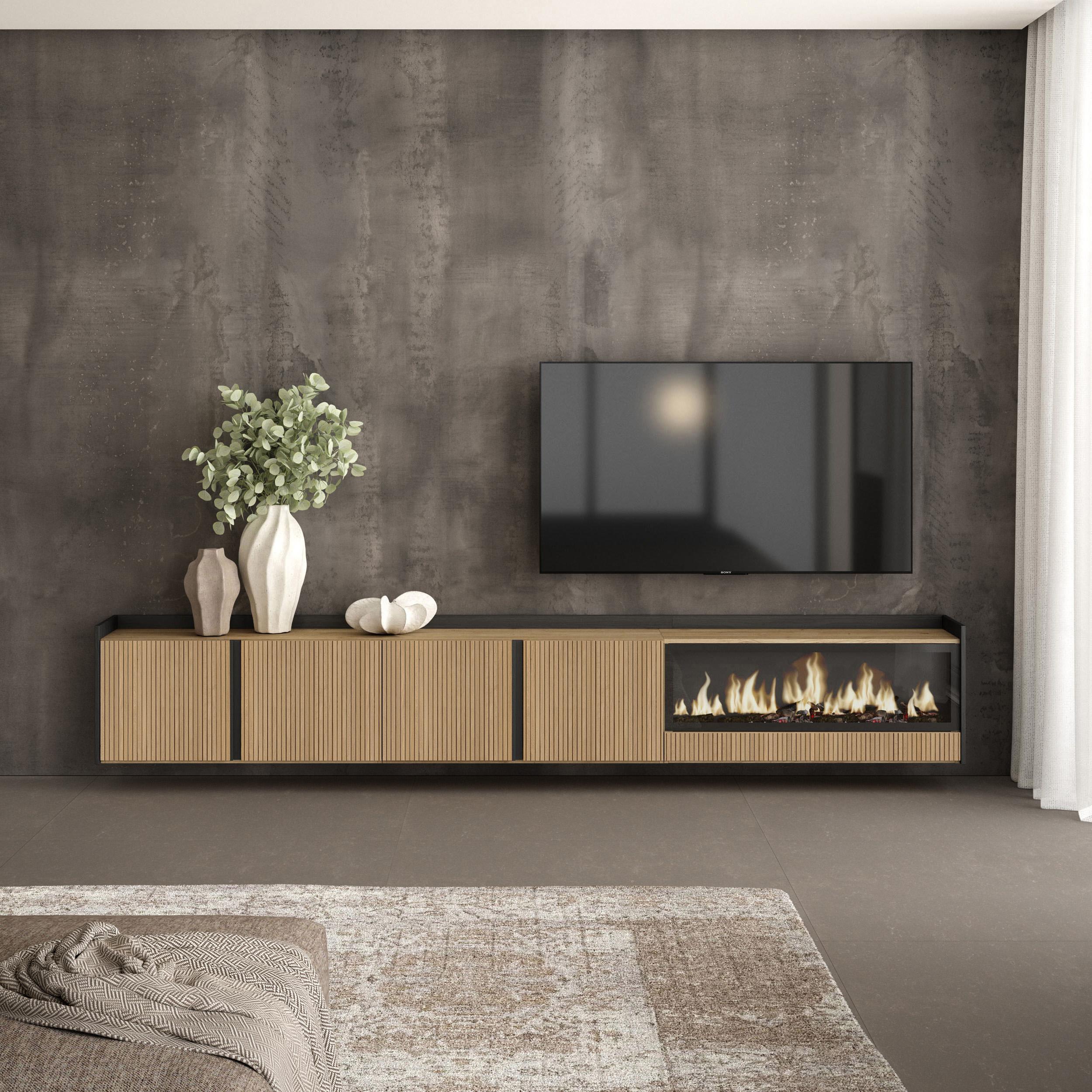 Meuble TV Suspendu 315x50x35 cm Pour les TV jusqu'à 80" Cheminée électrique à droite XXL Mural Chêne et noir