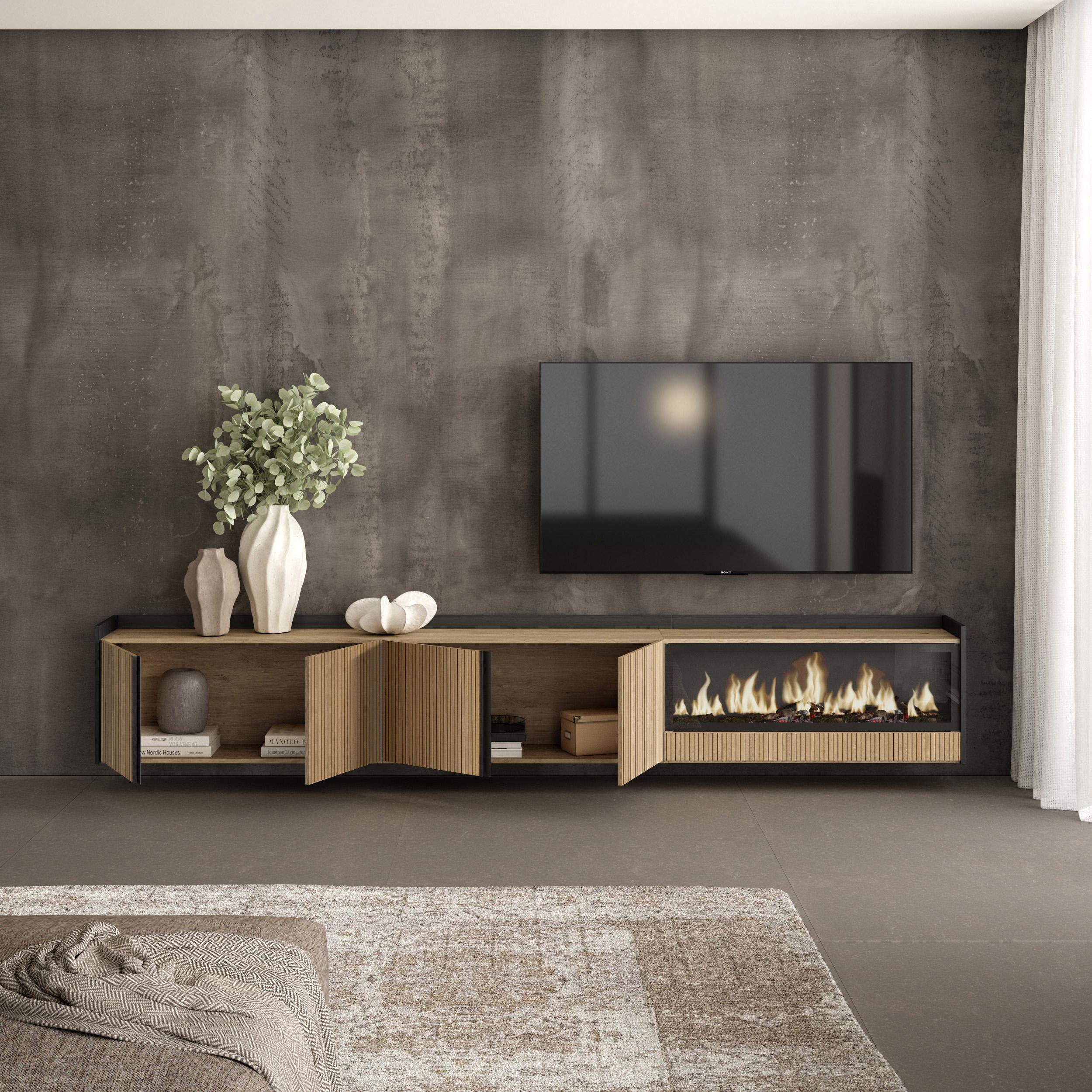 Meuble TV Suspendu 315x50x35 cm Pour les TV jusqu'à 80" Cheminée électrique à droite XXL Mural Chêne et noir