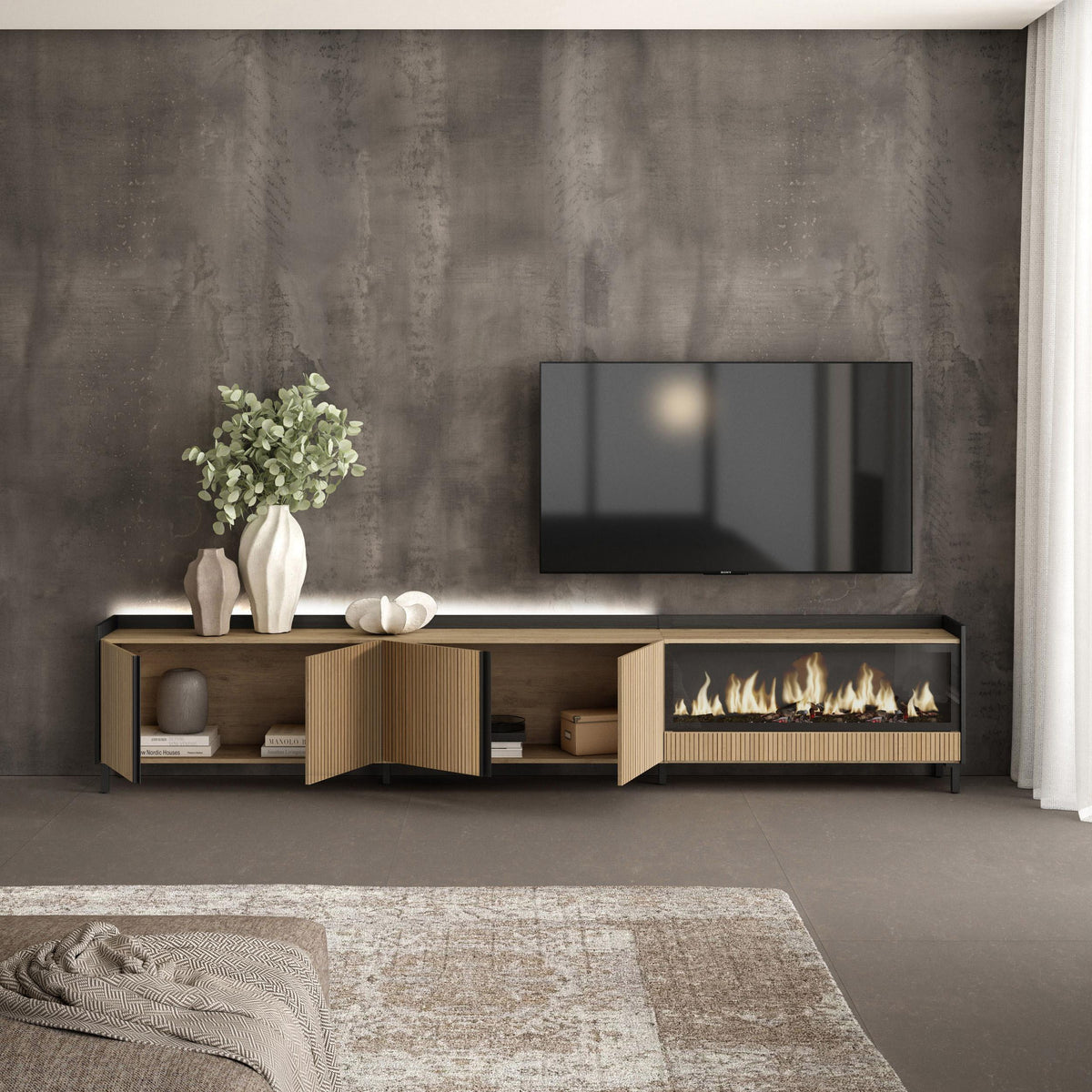 Meuble TV Led 315x61x35 cm Pour les TV jusqu'à 80" Cheminée électrique à droite XXL Design industriel Chêne et noir
