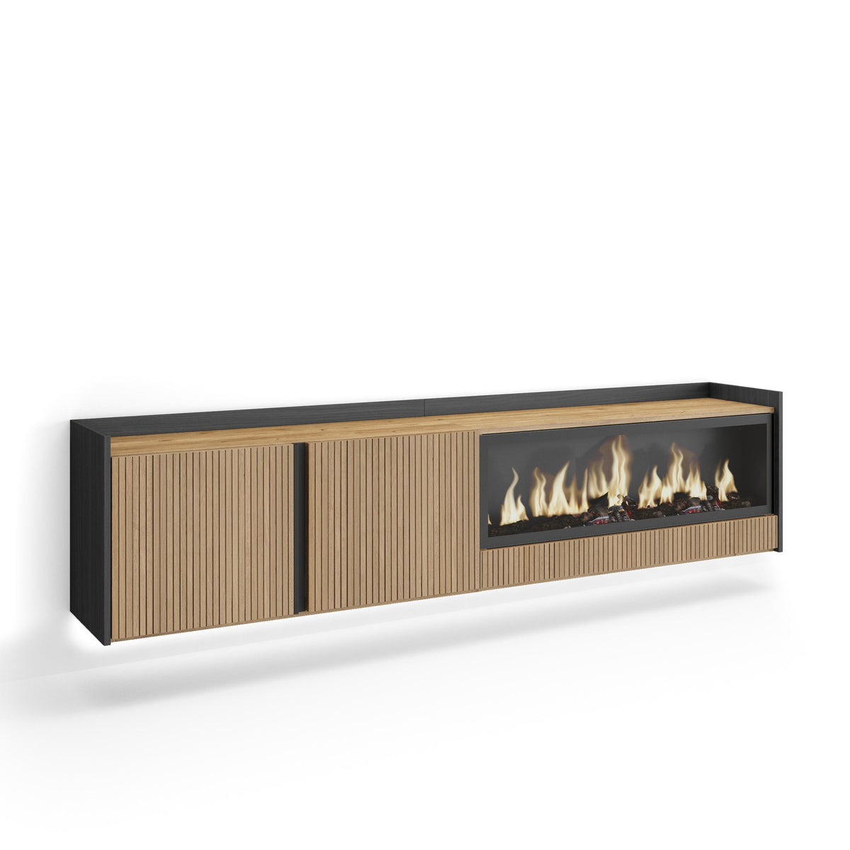 Meuble TV Suspendu Led 212x50x35 cm Pour les TV jusqu'à 80" Cheminée électrique à droite XXL Mural Chêne et noir