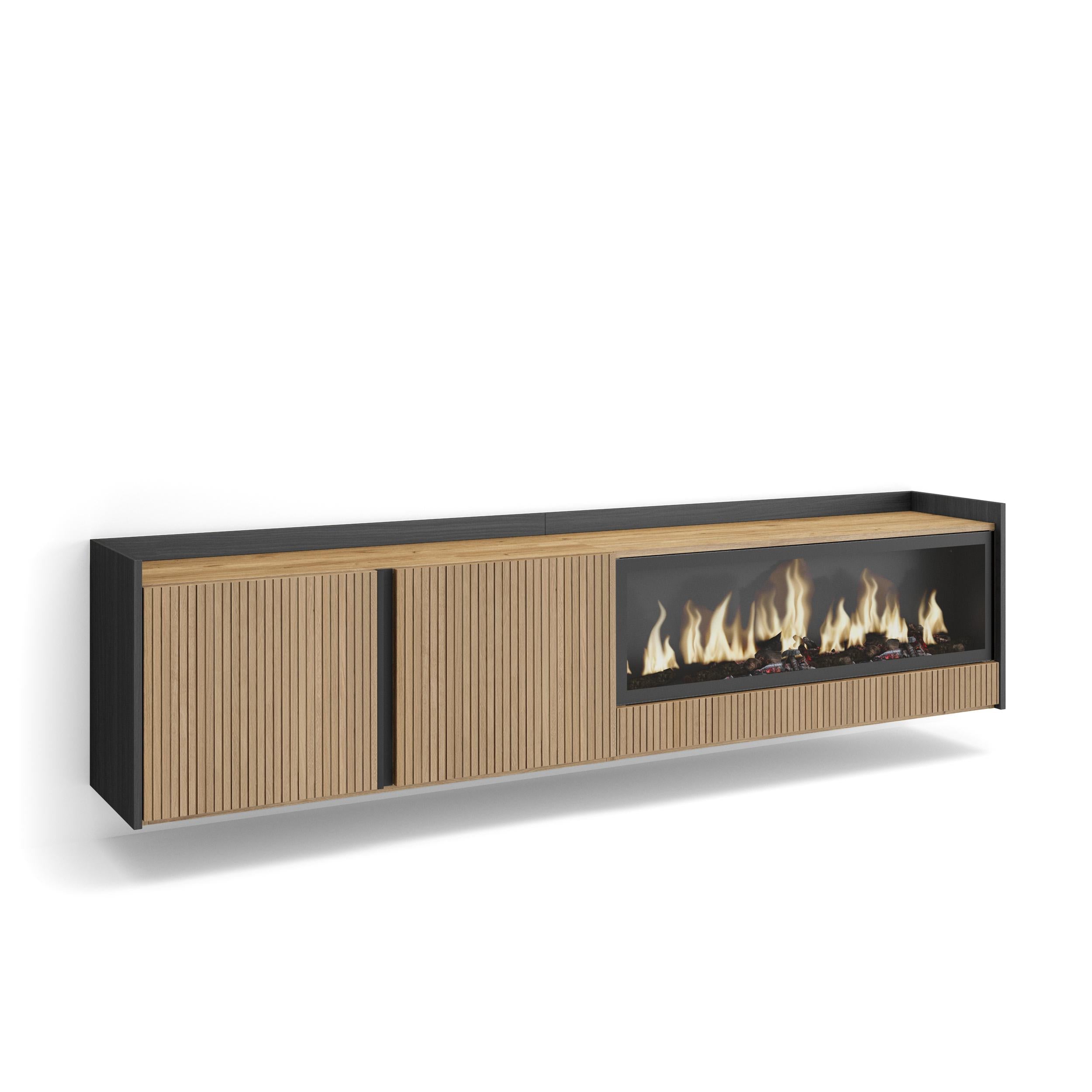 Meuble TV Suspendu 212x50x35 cm Pour les TV jusqu'à 80" Cheminée électrique à droite XXL Mural Chêne et noir