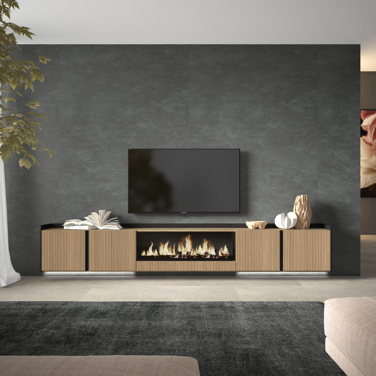 Meuble TV Suspendu Led 315x50x35 cm Pour les TV jusqu'à 80" Cheminée électrique au centre XXL Mural Chêne et noir
