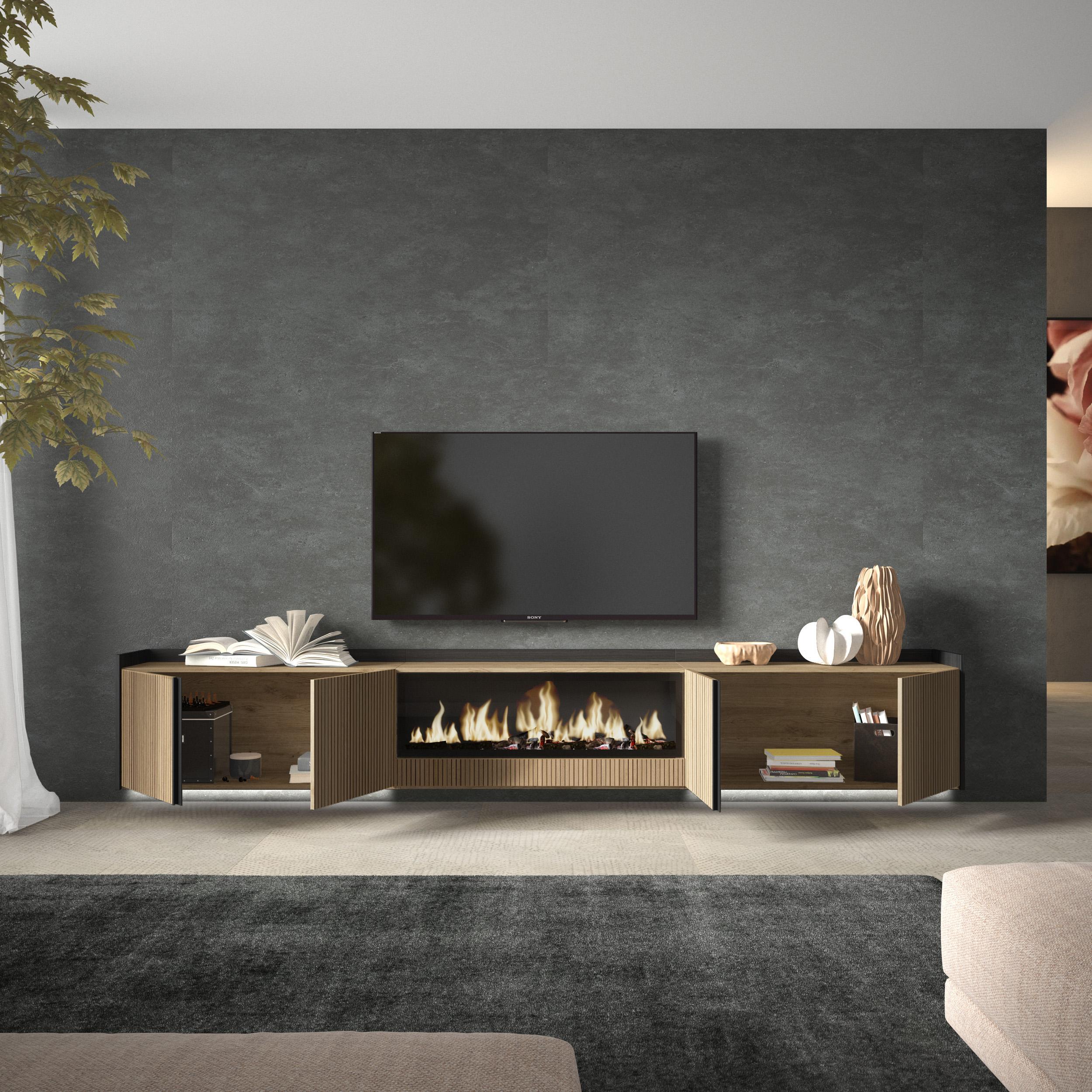 Meuble TV Suspendu Led 315x50x35 cm Pour les TV jusqu'à 80" Cheminée électrique au centre XXL Mural Chêne et noir