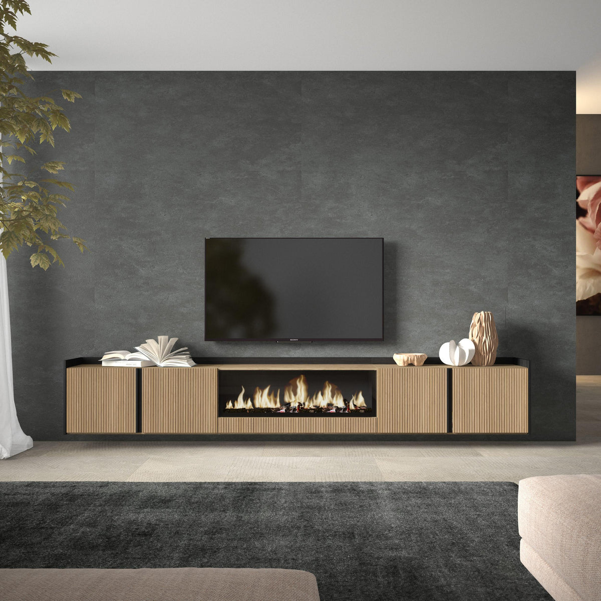 Meuble TV Suspendu 315x50x35 cm Pour les TV jusqu'à 80" Cheminée électrique au centre XXL Mural Chêne et noir
