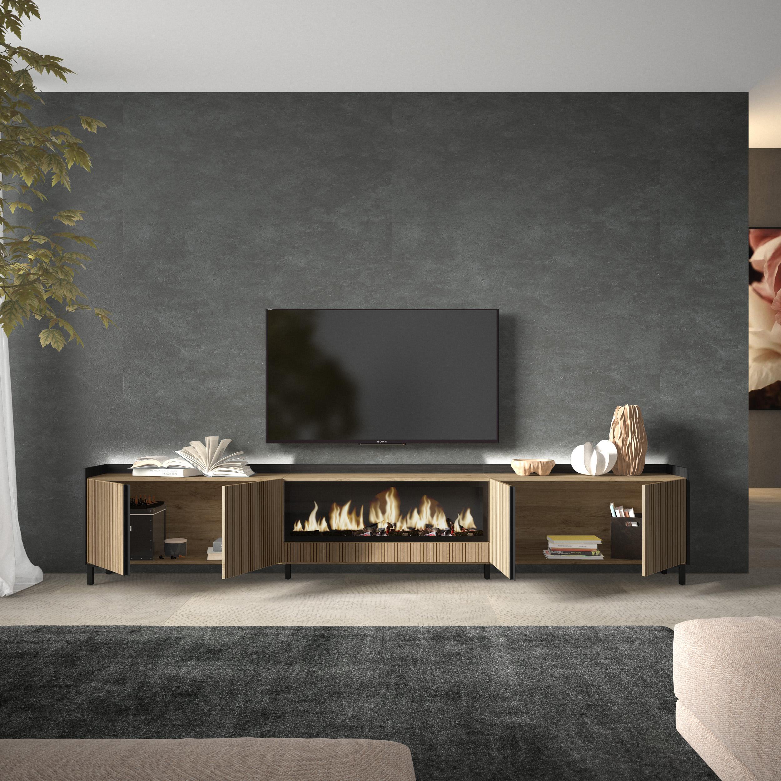 Meuble TV Led 315x61x35 cm Pour les TV jusqu'à 80" Cheminée électrique au centre XXL Design industriel Chêne et noir